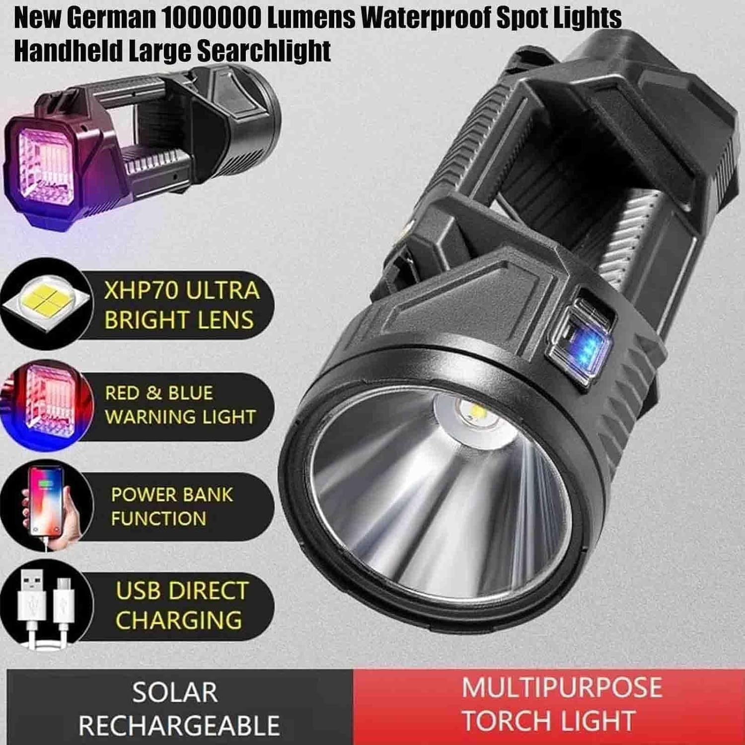 Fetnhu  German 1000000 Lumens Waterproof Spot Lights Handheld Large Searchlight, Asaruley Light, Spot Lights Outdoor Handheld, Rechargeable Solar Utility Flashlight (M)