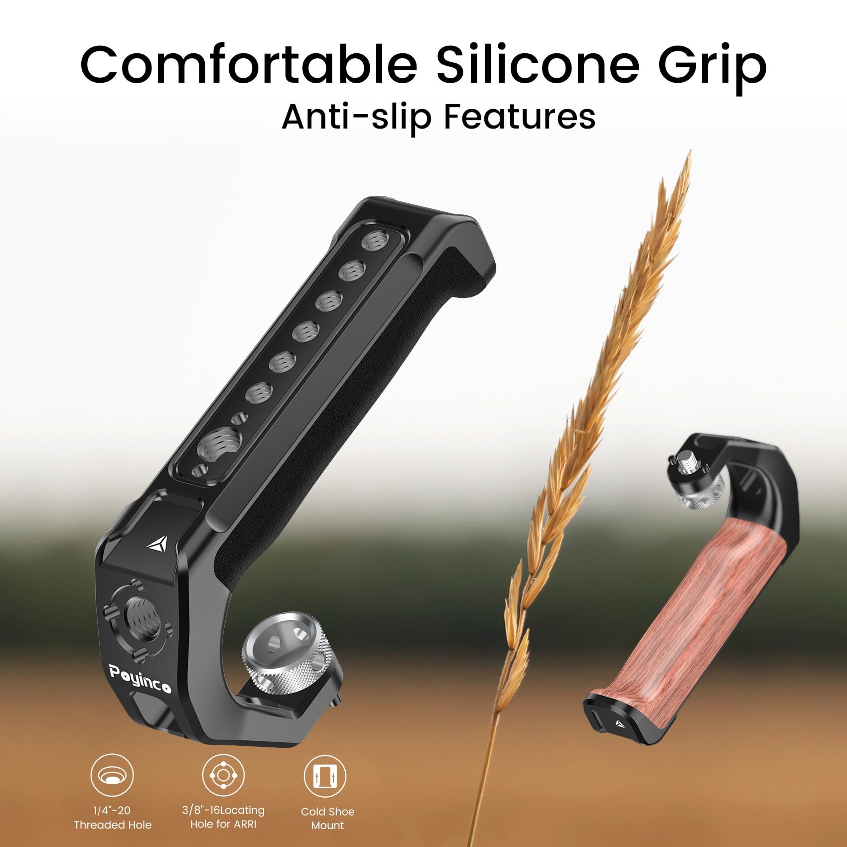 Poyinco Top Handle With 1/4" Threaded Stud 3/8" Threaded Stud With Arri Dowel Pin, Silicone Handle With 1/4" 3/8" Thread And 2 Cold Shoes Jn-107B