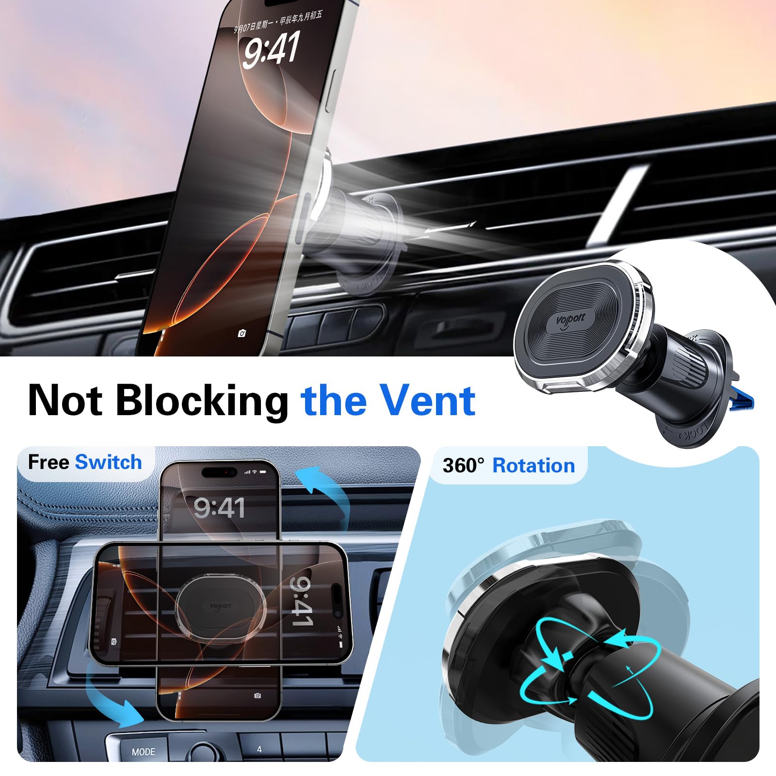 Volport Magnetic Car Mount Air Vent Cell Phone Holder, Universal Vehicle Dash Dashboard Ac Airvent Cellphone Magic Stand With Clip Hook, For Iphone 16 15 Samsung Lenovo Google Etc
