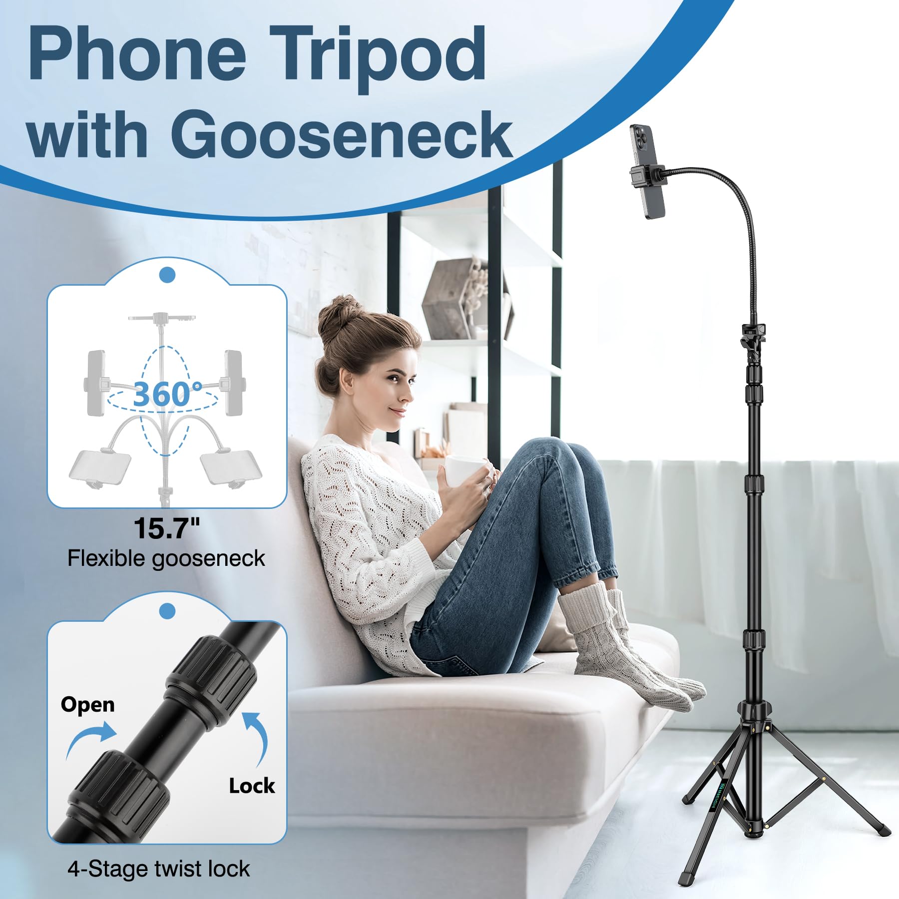 Nineigh 88" Tripod For Iphone, Phone Tripod With Gooseneck And Remote, Portable Cell Phone Tripod Compatible With Smartphone/Camera/Gopro, Iphone Tripod Stand For Video Recording Selfies Vlogging