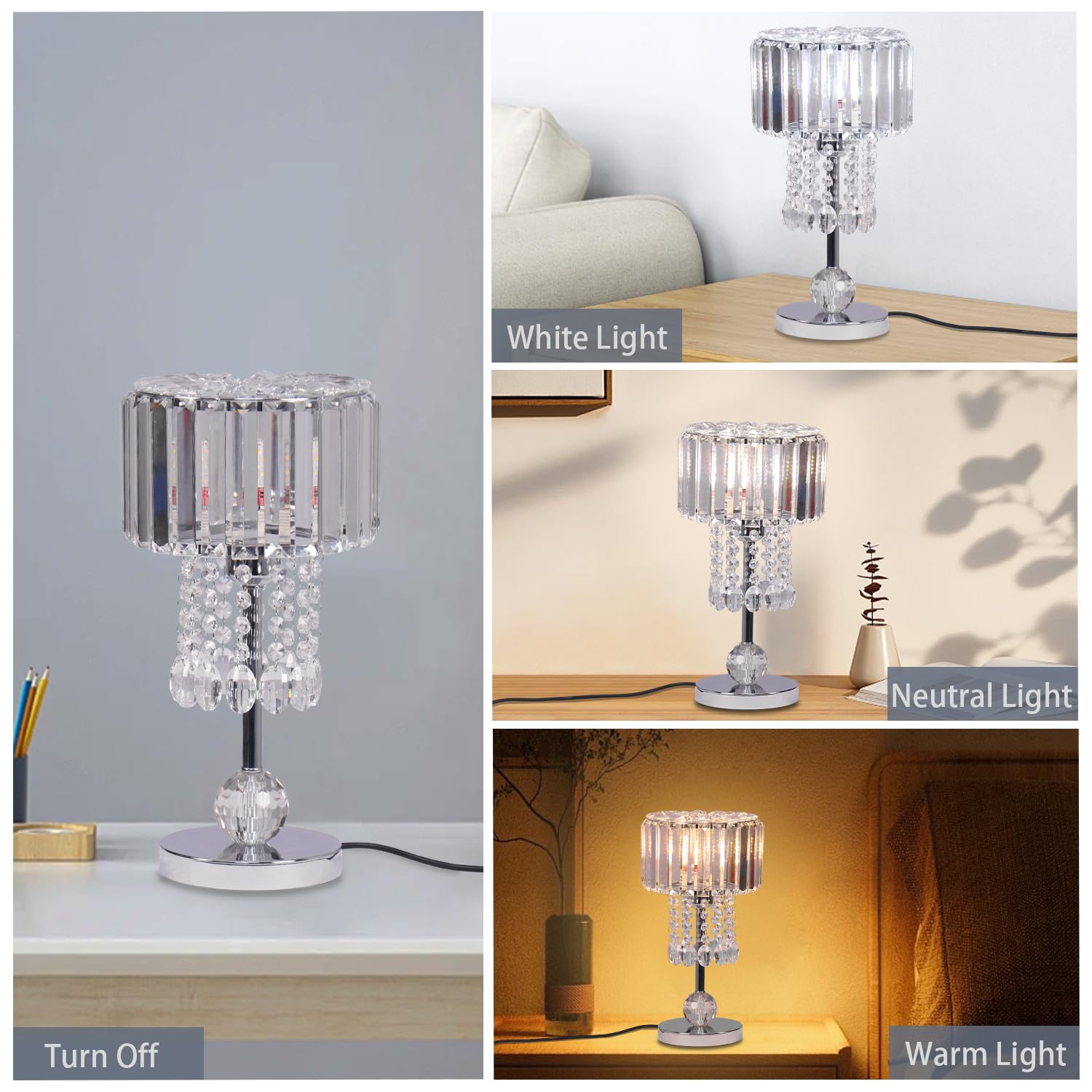 Frixchur Chrome Crystal Table Lamp Bedside Lamp Small Desk Lamp Nightstand Lamp Silver Lamps For Bedrooms Living Room Home Office Kids Room Dorm Reading,7.67 Inch