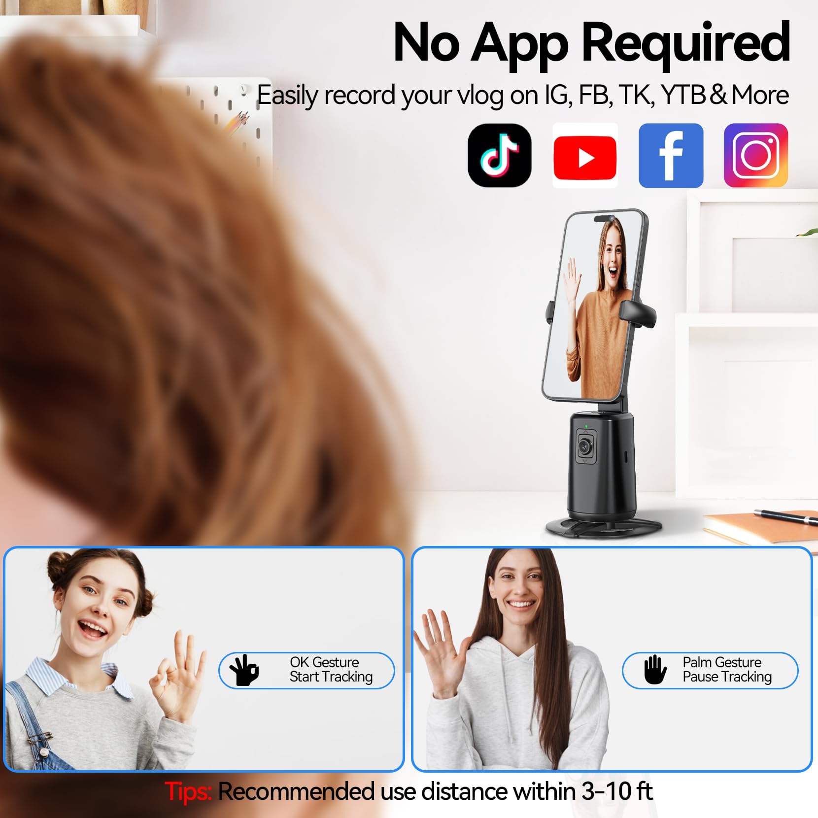 Urtry Auto Face Tracking Tripod, Magnetic Auto Face Tracking Phone Holder With 360° Rotation, No App Required, Portable Smart Body Shooting Camera Mount For Live Vlog, Video, Rechargeable Battery