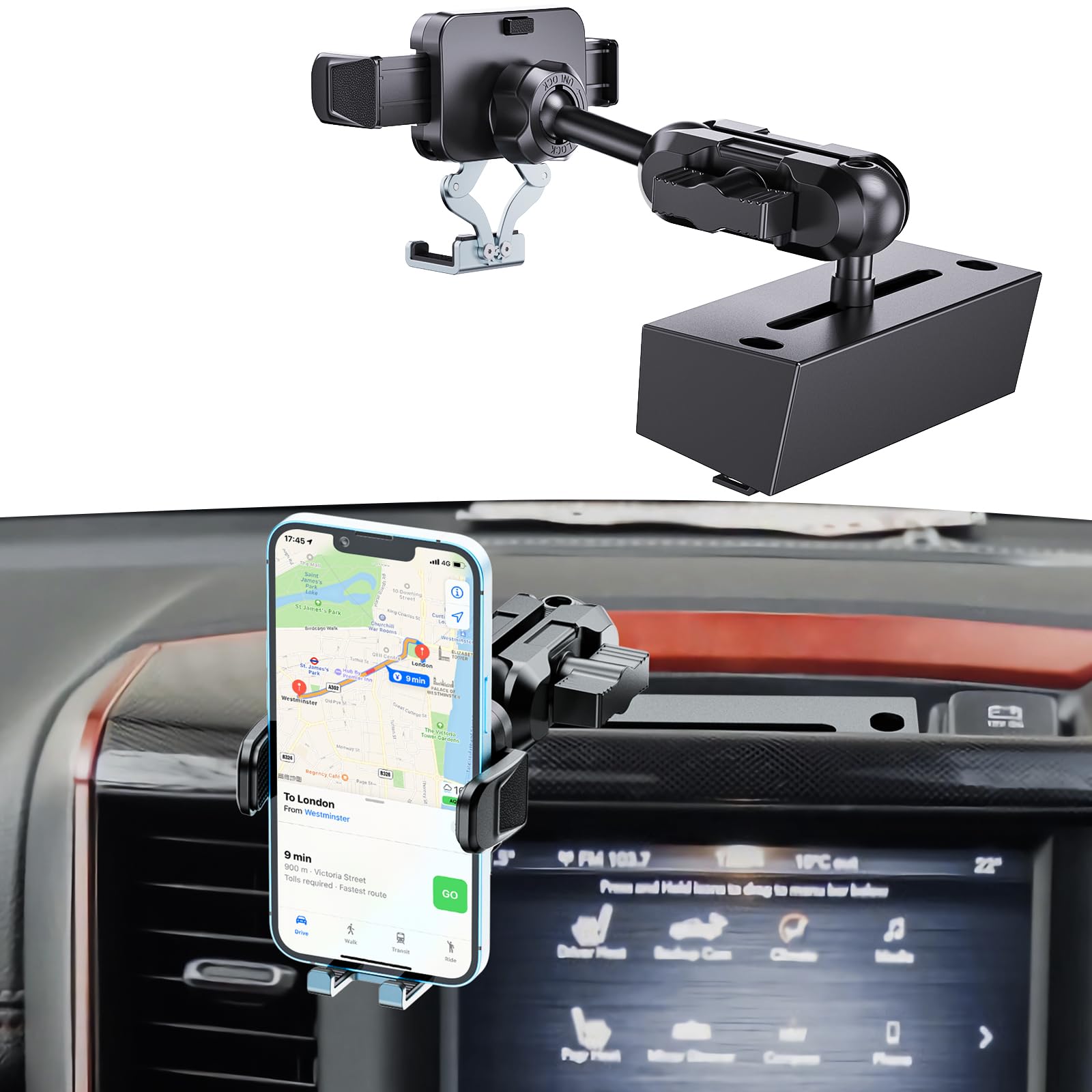 Kaishengyuan  Metal Phone Mount For Ram Truck 2019+, Dash Mount Cell Phone Holder Compatible With Dodge Ram 1500/2500/3500 & Trx, 360° Adjustable Adapter Phone Stand Fit For Most Smartphones