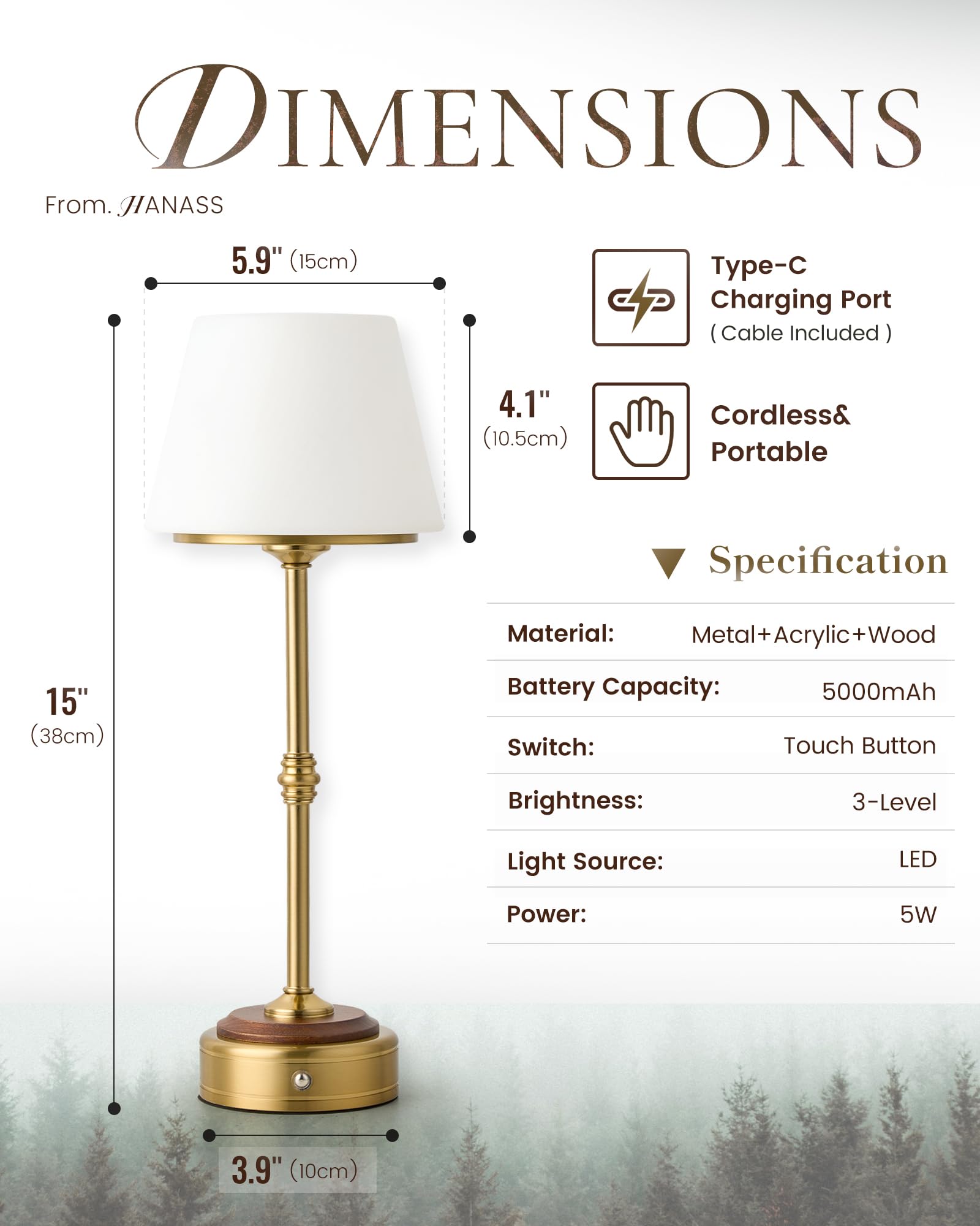Hanass Cordless Led Table Lamp, Dimmable Bedside Lamp With Solid Wood Base Built-In Rechargeable Battery, Patio Wireless Table Lamp, Bedside Night Lamp For Restaurant, Antique Brass, Mt2316