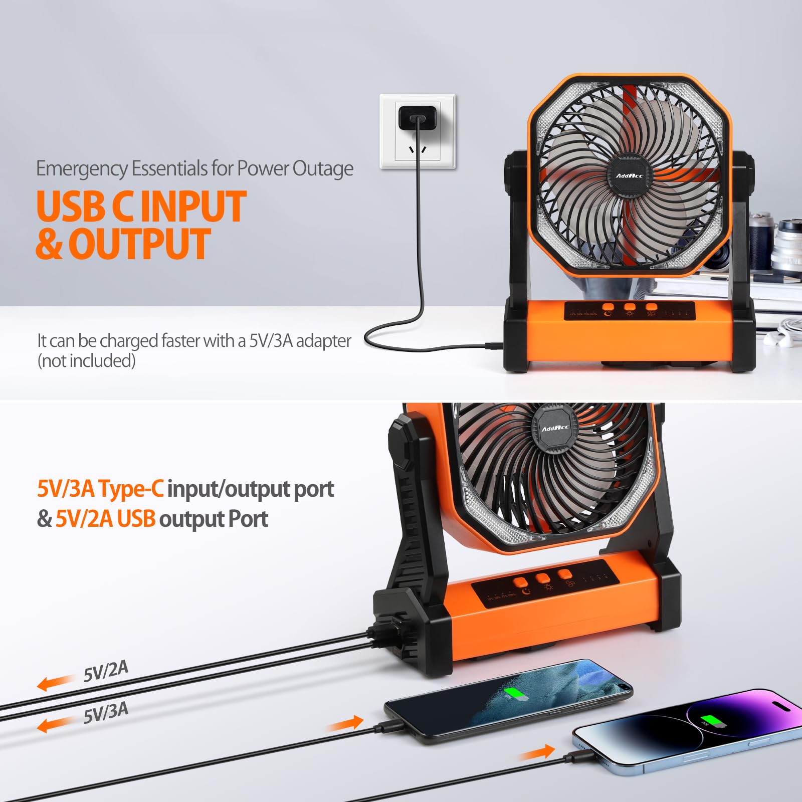 Portable fan with rechargeable 20000mAh battery and light feature for outdoor use Koospark