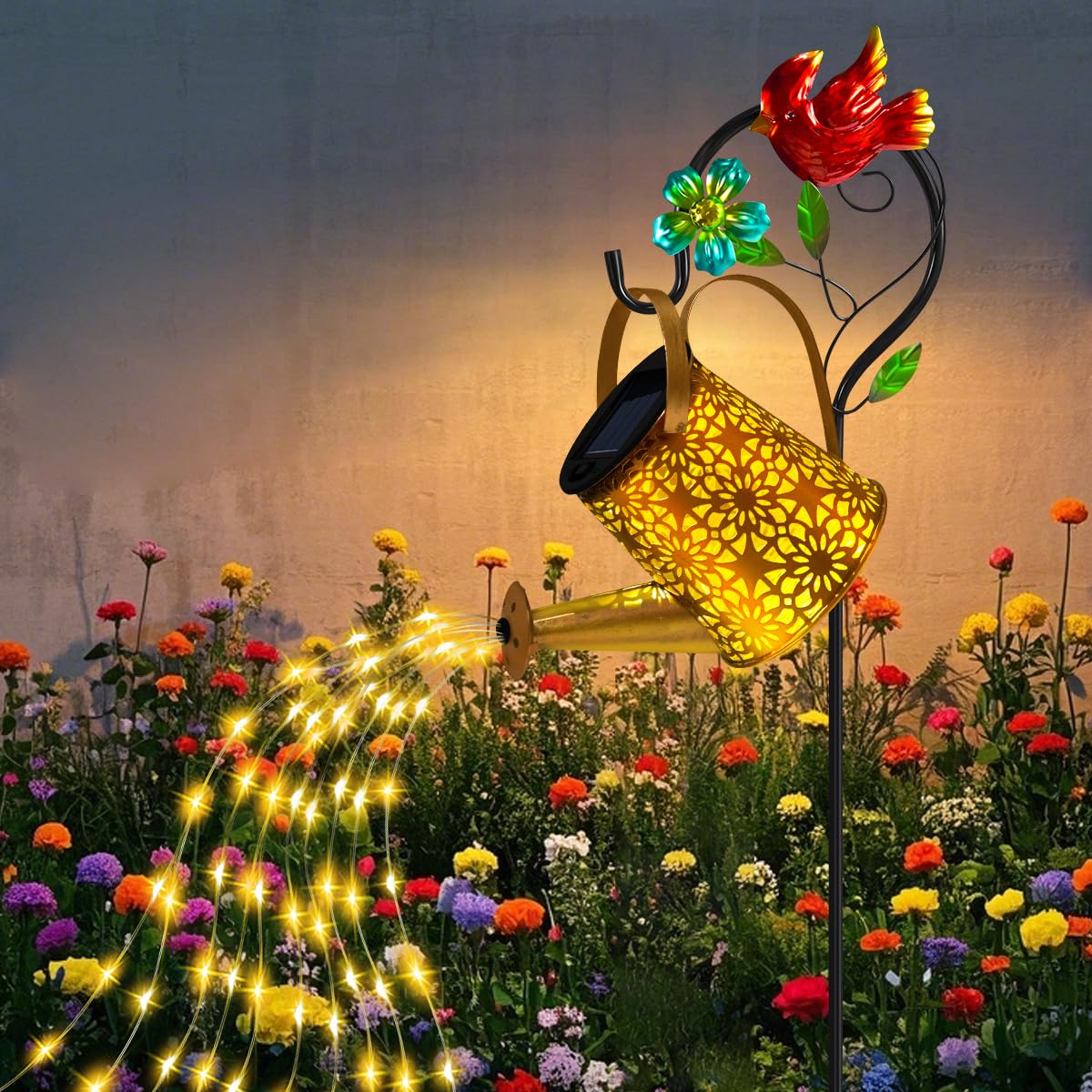 Edof Solar Lights Outdoor Garden Decor,Solar Watering Can With Cascading Lights,Fairy Gardening  For Birthday Women Mom Grandma,Watering Can Lights With Cardinal Shepherd Hook For Outside Pathway Yard