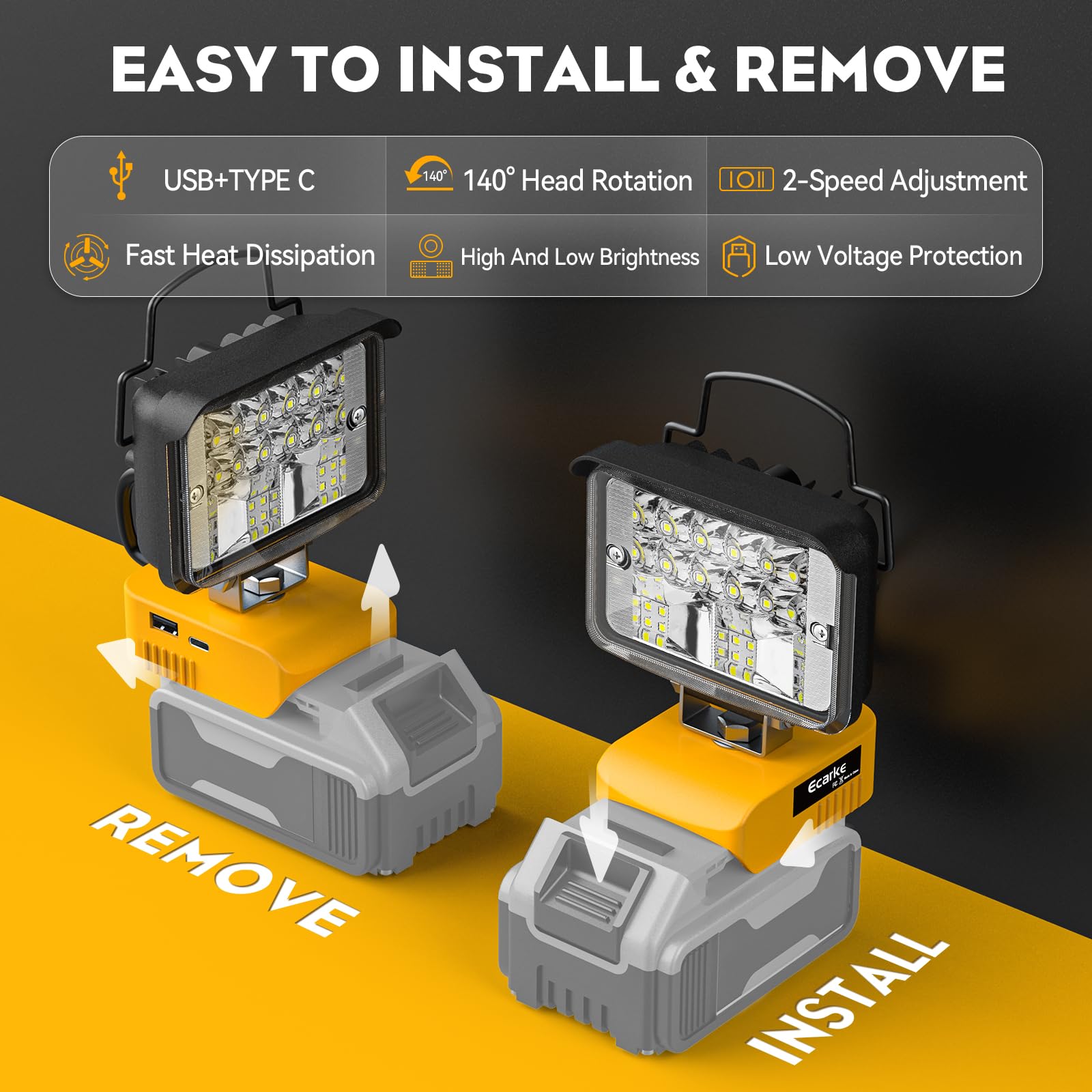 Ecarke Cordless Handheld Flashlight For Dewalt 18V/20V: Led Work Battery Light - 20W 2000Lm Tools For Working In Dark Environments,Outdoor,Fishing,,Job Site&Security Lighting(Only Tool)