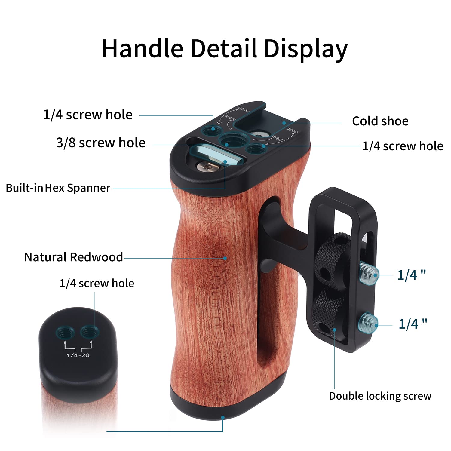 Foeasy Foto4Easy Universal Camera Wooden Side Handle,Adjustable Up And Down Side Handle Grip With 1/4"-20 Screw Hole And Cold Shoe Mount For Dslr Camera Cage And Camnera Accessories