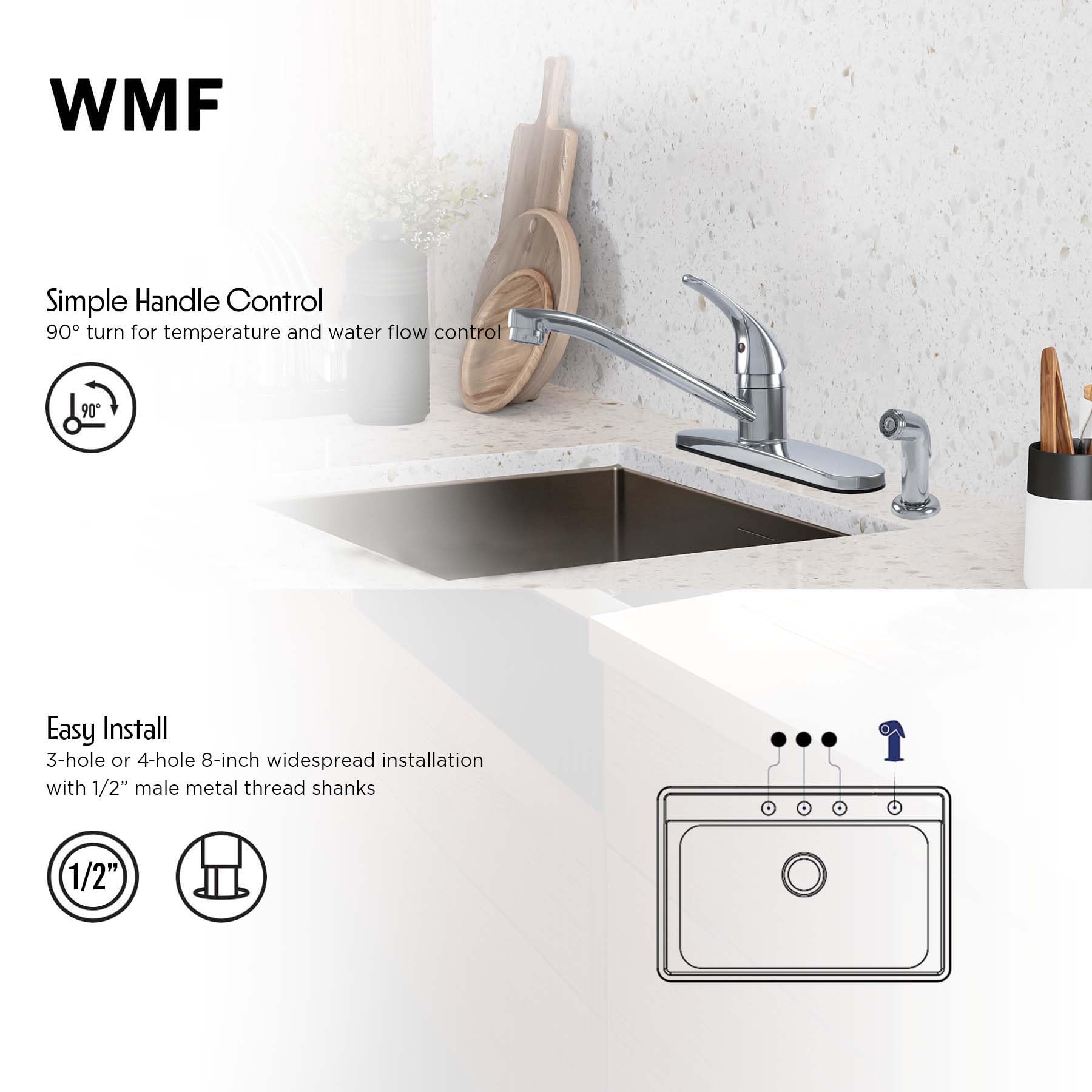 Wmf Wmf-8348Z-Bn Kitchen Sink Faucet With Side Spray, Single Handle Kitchen Faucets, Brushed Nickel, Hybrid Metal Deck, Swivel Faucet