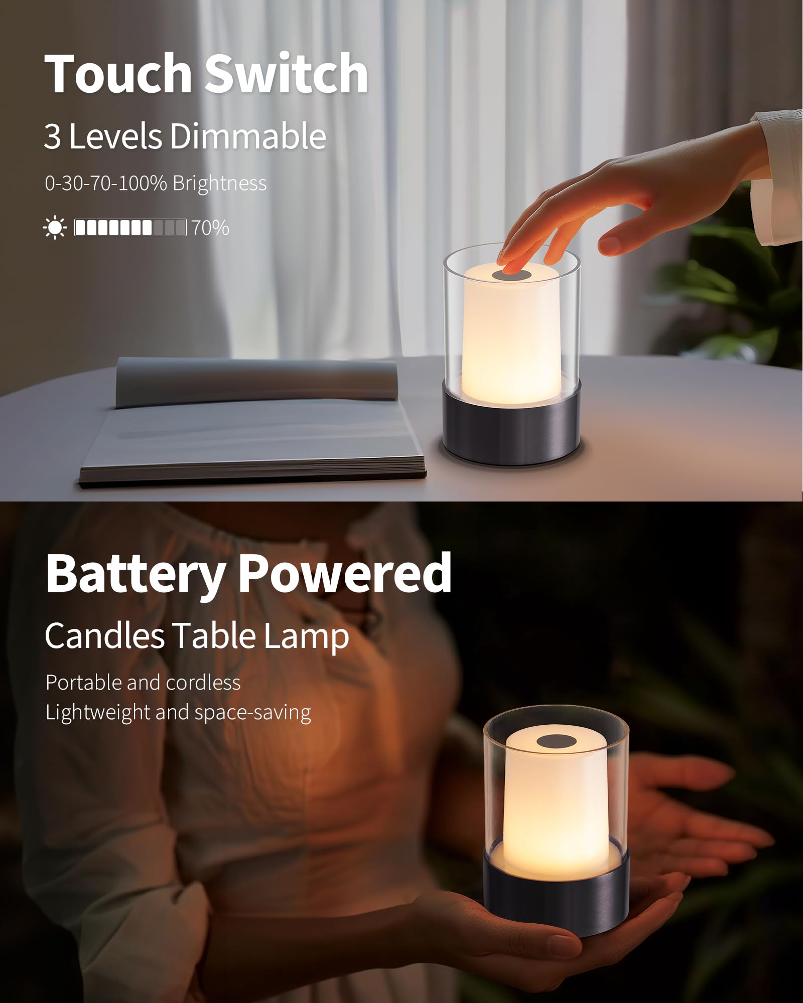 Newsee Led 4" Mini Cordless Table Lamp 2 Pack, Outdoor Waterproof Lamp, Rechargeable Battery Operated Lamp, Portable Touch Night Light For Dining Room, Camping, Nursery, Baby, Bar, Party (Black)