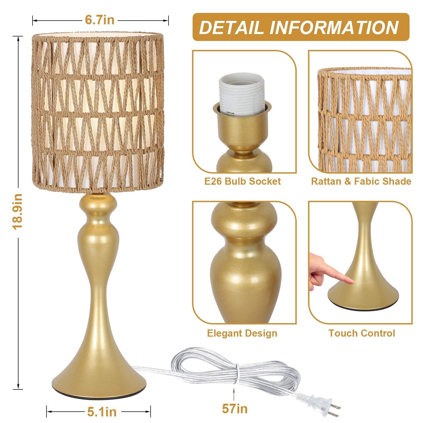 Eayaya Rattan Gold Table Lamp For Bedroom With Bulb, Boho Lamp For Night Stands, 3-Way Dimmable Touch Control Bedside Lamps, Mini Small Desk Lamp With Fabric Shade, Accent Side Table Lamp, Nightstand Lamp