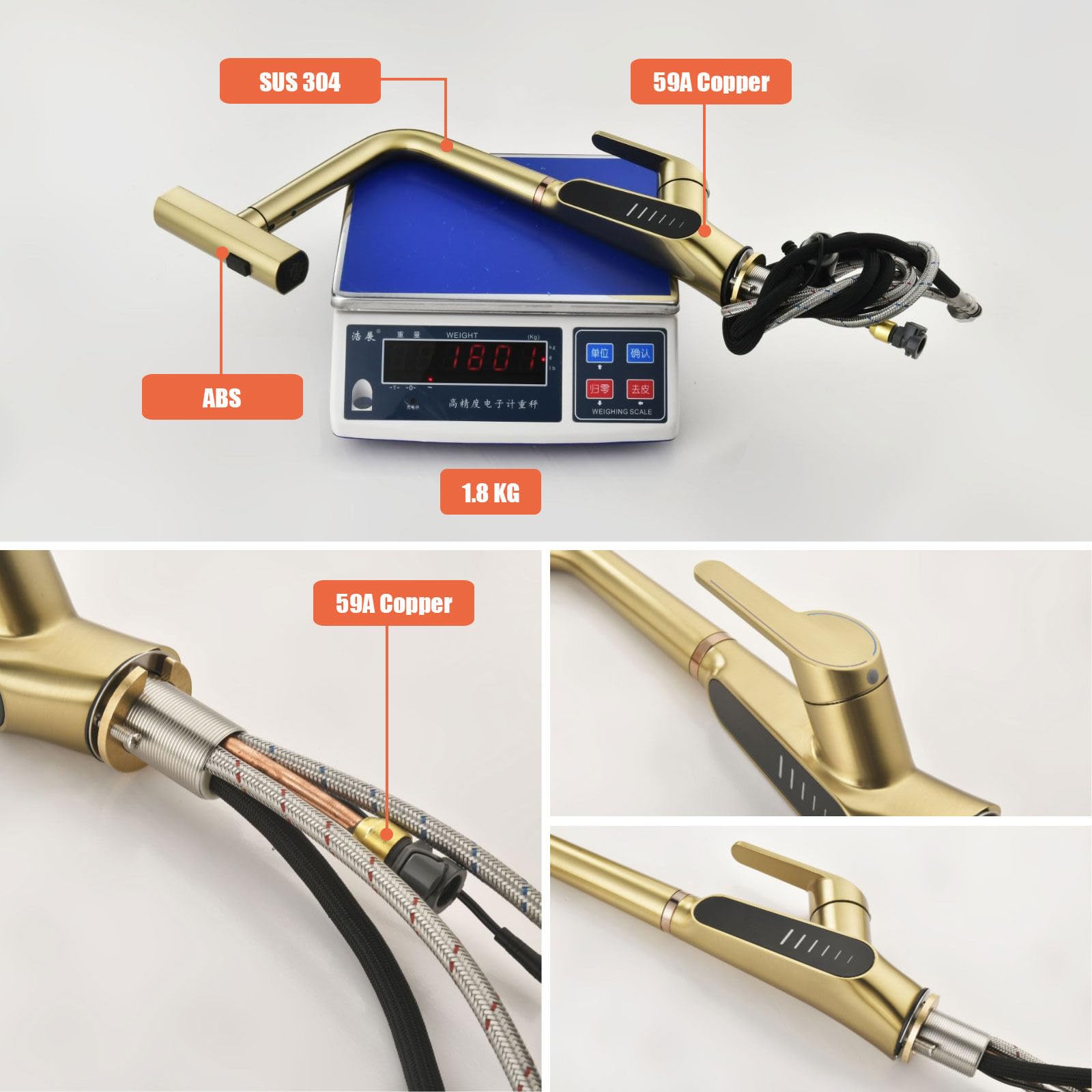Beith Waterfall Kitchen Sink Mixer Taps With Pull Out Sprayer, 3 Modes Kitchen Sink Faucet, 360° Rotation, Digital Display, Single Lever Kitchen Tap, 59A Copper, Anti-Corrosion, Durable