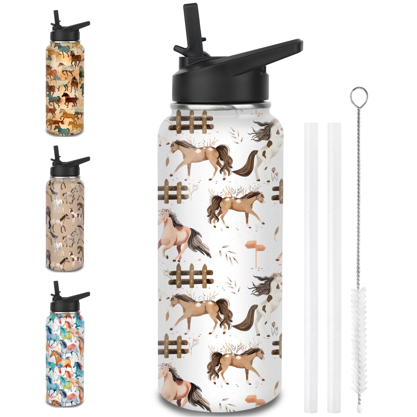 Horse Water Bottles With Straw, 32 Oz Insulated Stainless Steel Tumbler Cup Mug Horse