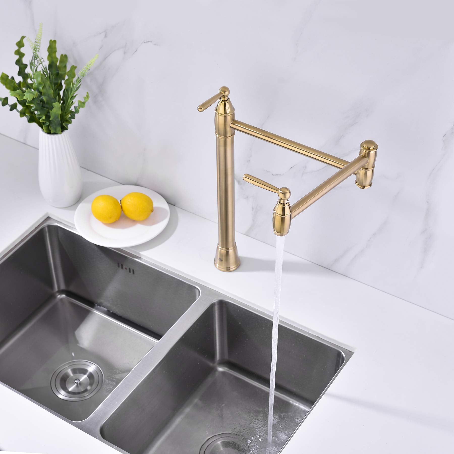 Avola Gold Pot Filler Deck Mount, Brushed Gold Pot Filler Faucet,Double Swing Kitchen Folding Countertop Faucet 2 Handle With Stretchable Double Joint Swing Arms Brass Stove Faucet