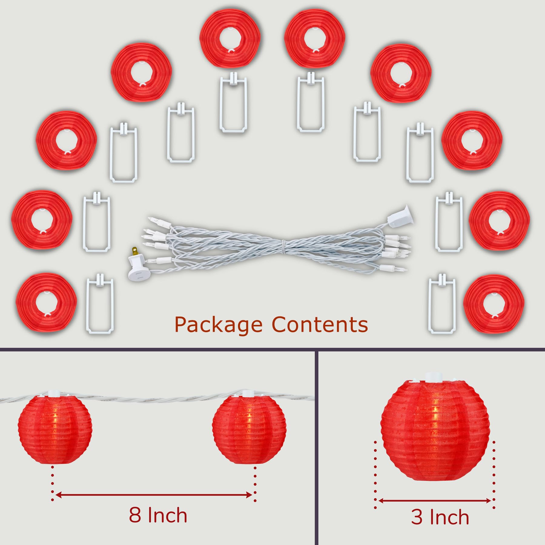 Sweet Shine Red Lantern String Lights, 10 Waterproof Nylon Lanterns With 8.7' Ul Listed Plug-In Connectable String Lights (Red)