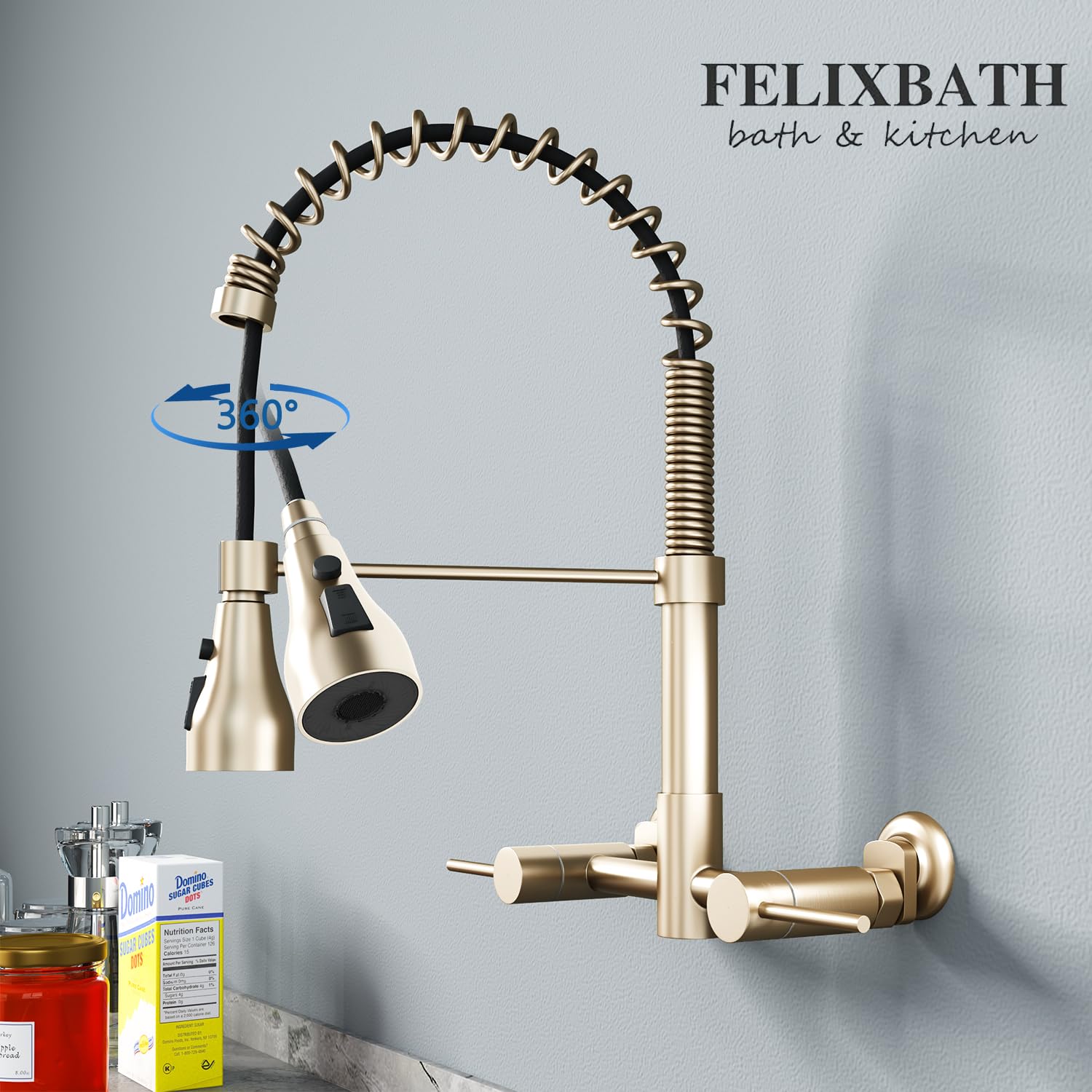 Felixbath Wall Mount Kitchen Faucet, 8 Inch Center Sink Faucet With Pull Down Sprayer, Commercial Faucet (Gold)