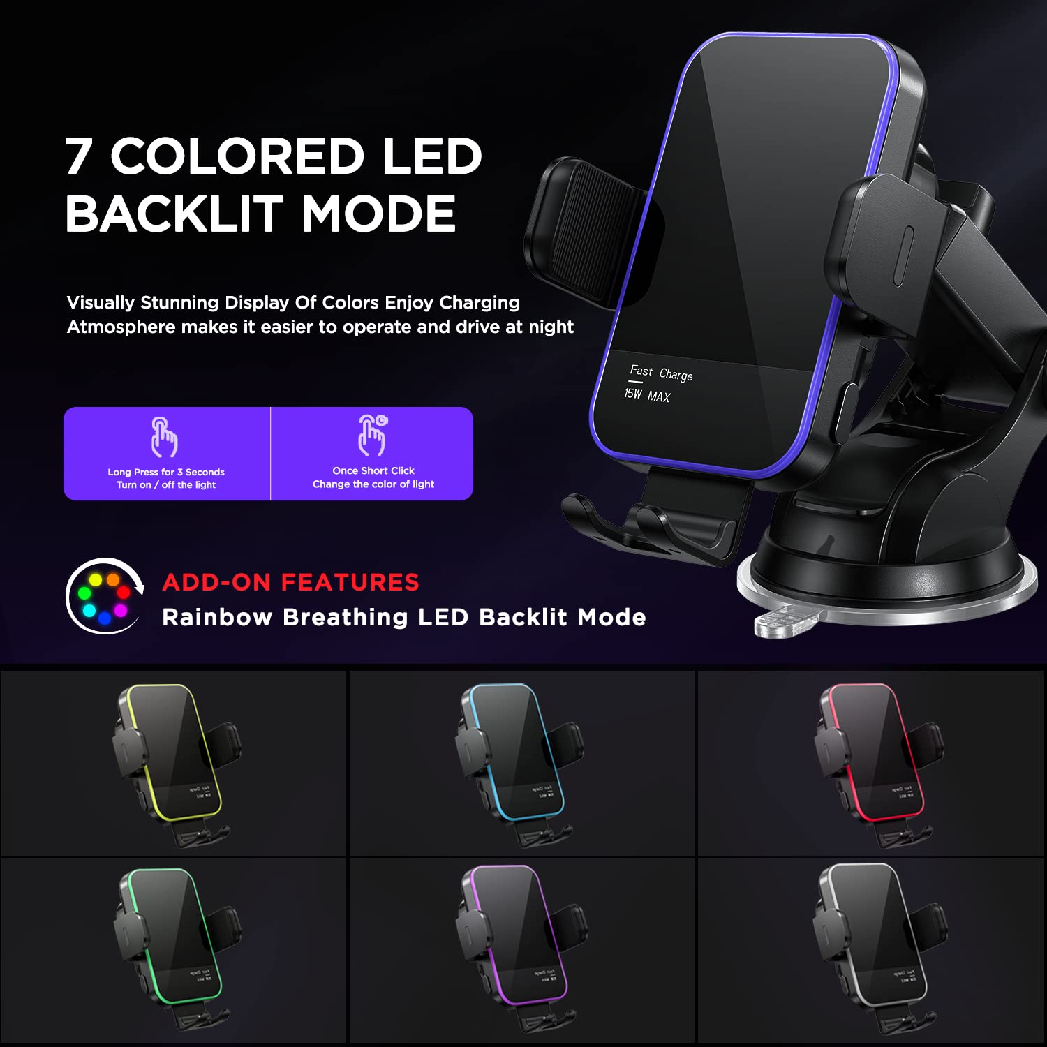 Mosurr Wireless Car Charger,【7 Colored Rgb Backlit】 15W Auto Clamping Phone Holders For Your Car Fit For Iphone 16 15 14 13 12 Mini Pro Max 11 Xr Xs, Samsung Galaxy S25 Ultra S24 S23 S22 S21+, Etc