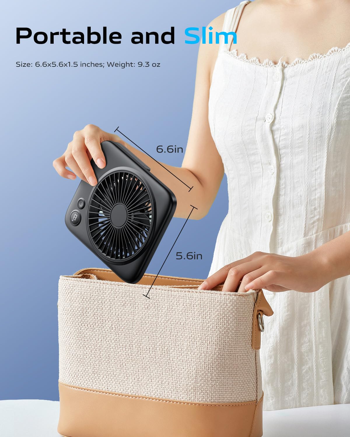 Otlonpe Small Desk Fan 6.5 Inch, 4000Mah Rechargeable Portable Fan For Travel, Slim Quiet, 7.5-22H