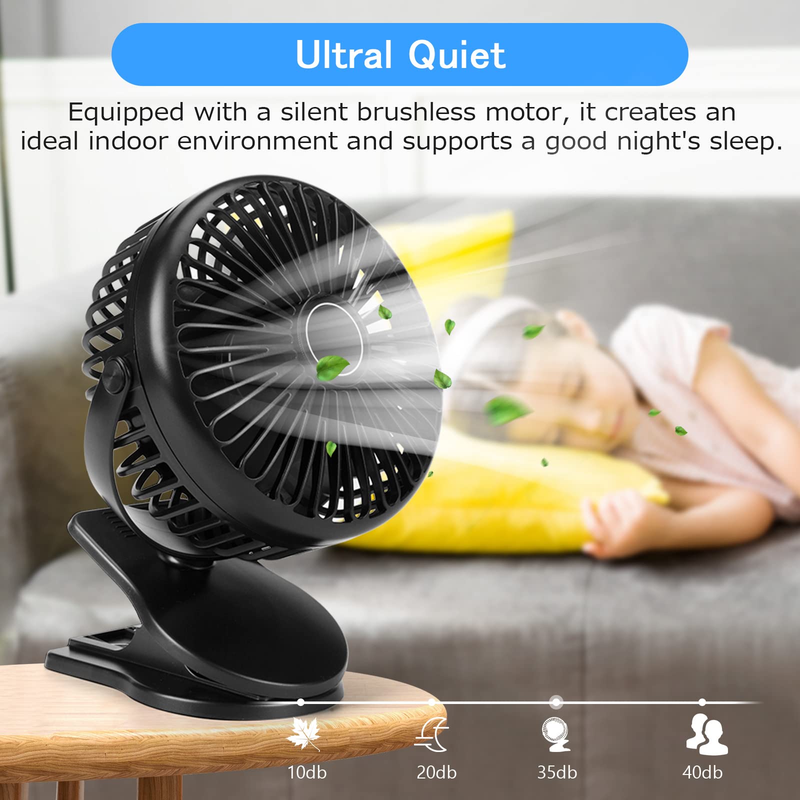 Portable Aogeli fan with clip, 3-speed settings, rechargeable 5000mAh battery, ideal for personal use by the bed