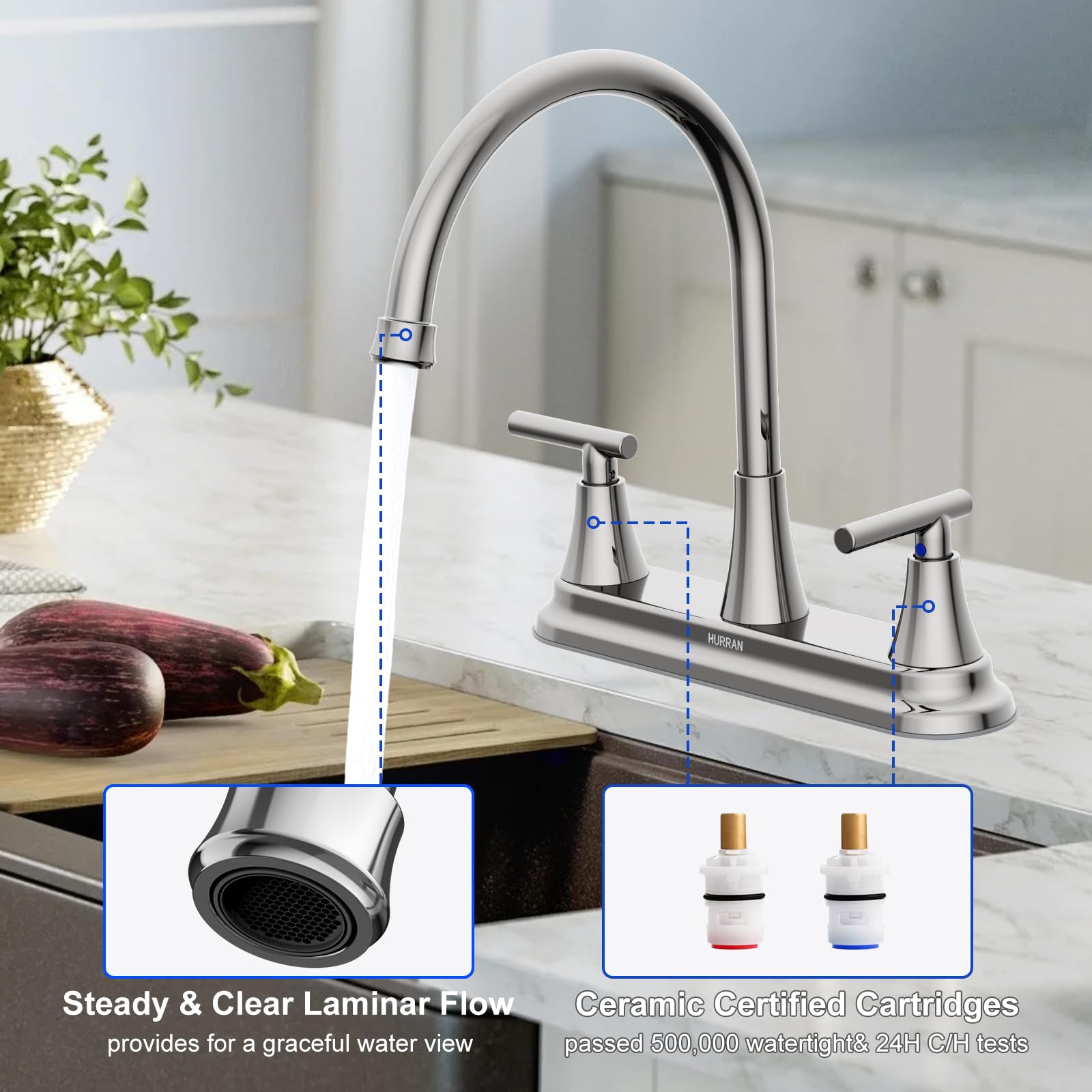 Hurran 2 Handle Kitchen Sink Faucet, 8 Inch High Arc 360°Swivel Kitchen Sink Faucet, 2 Or 3 Hole Kitchen Faucet Without Side Sprayer, Centerset Rv Kitchen Faucet With Stainless Steel Pipe, Nickel