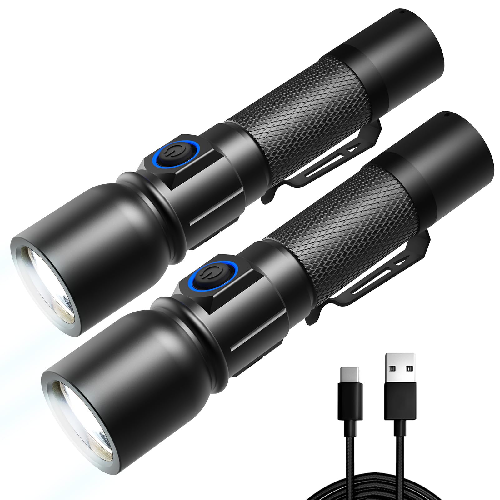 Consciot Rechargeable Flashlight High Lumens, 7 Modes Adjustable Including Lock Mode, Powerful Handheld Flash Light Outdoor, Long-Lasting Flashlight For Camping, Dog Walking, Emergency, 2 Pack