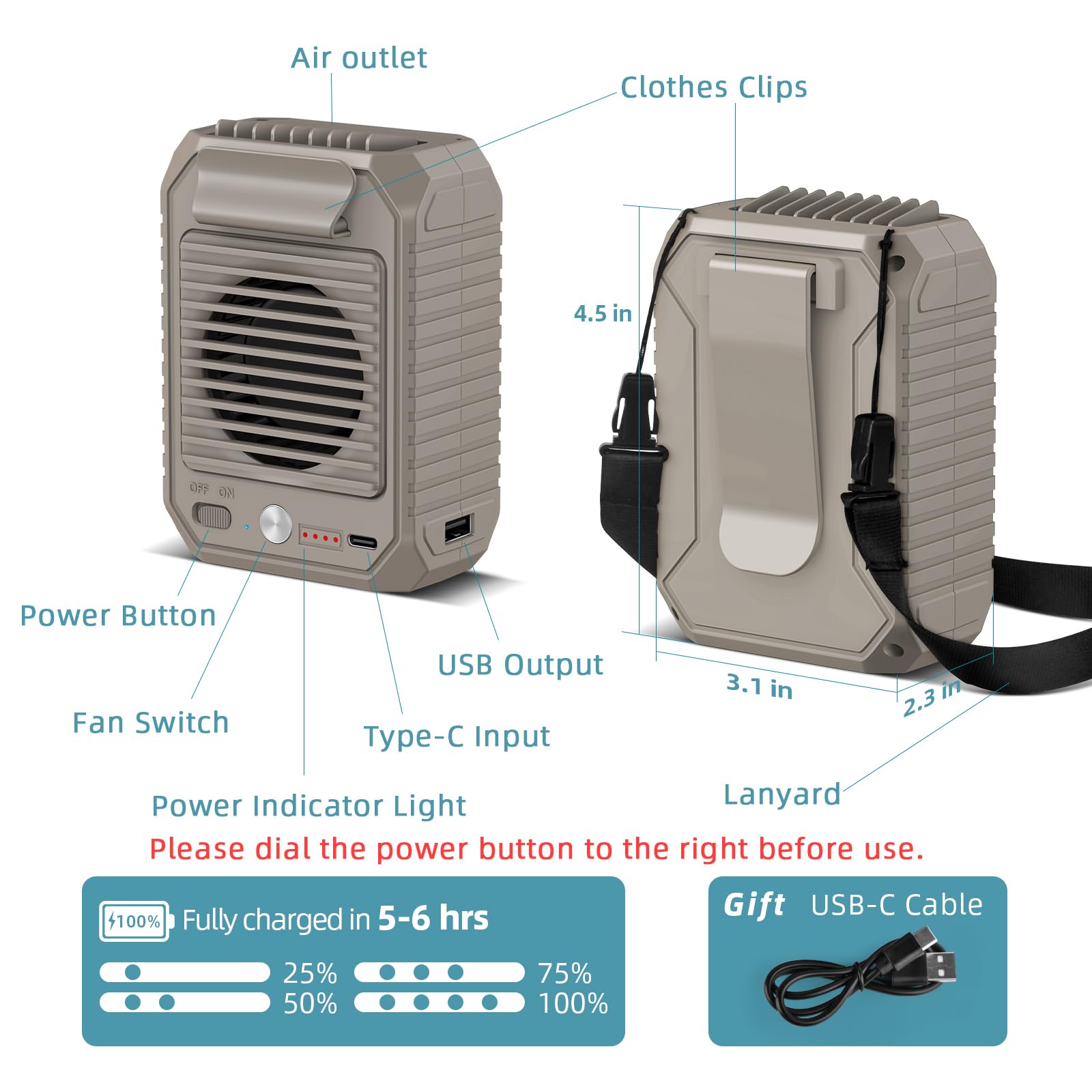 Civpower Portable Waist Clip Fan, 10000Mah Battery Personal No Handheld Belt Fan, 3 Speeds, Body Fan
