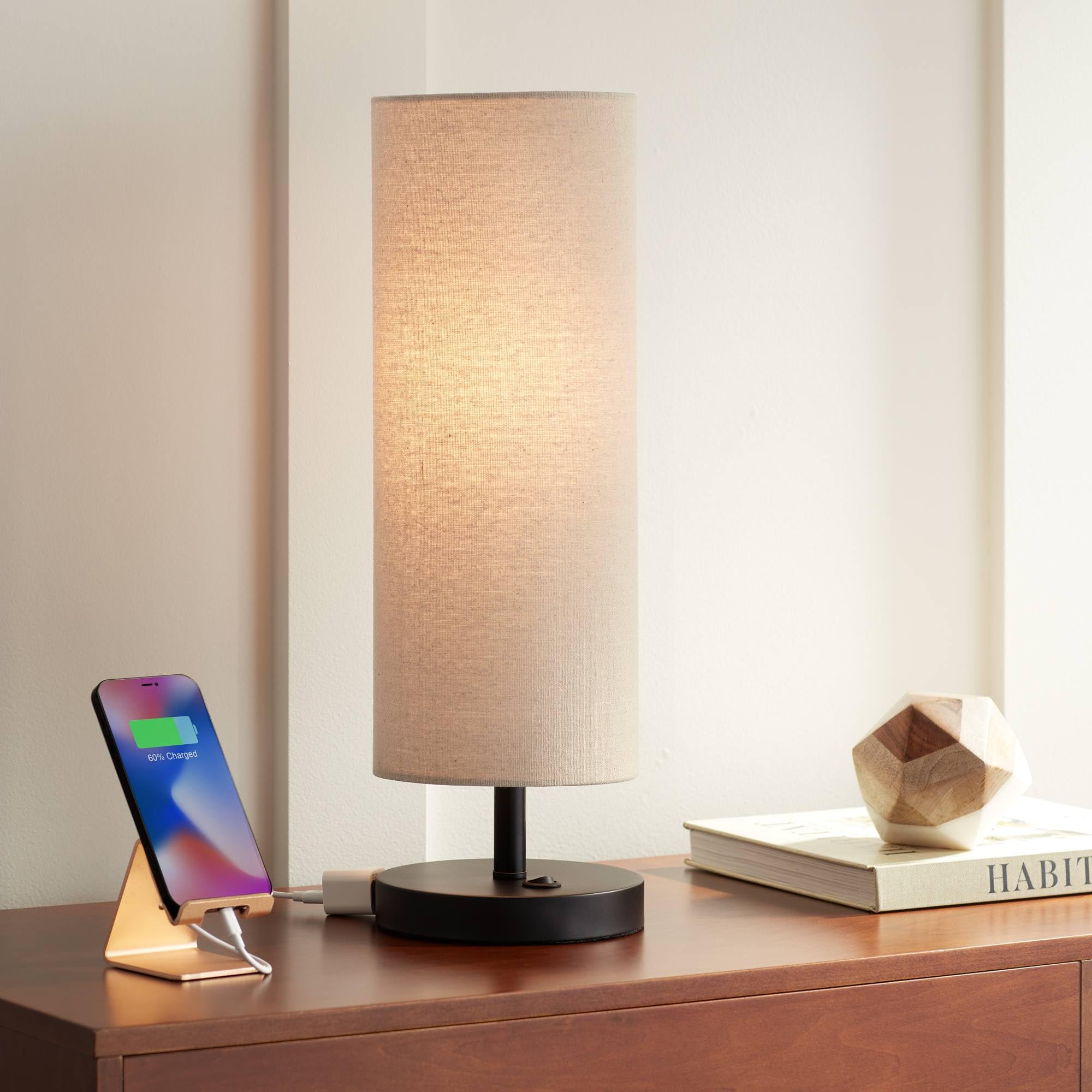 360 Lighting Heyburn Modern Accent Table Lamp With Hotel Style Usb And Ac Power Outlet In Base 20" High Dark Bronze Oatmeal Cylinder Shade For Living Room Desk Bedroom House Bedside