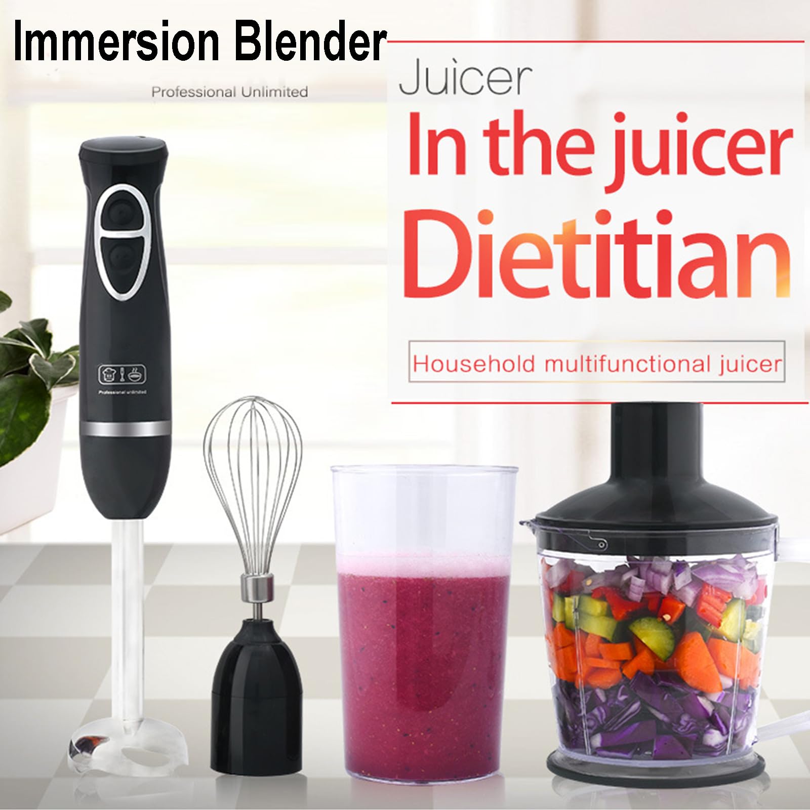 Uniqus Handheld Immersion Blender With 2-Speed Stirrers Electric Whisk Kitchen Essentials Set For Food Sauces Soups Includes Egg-Beater, Muddler, Cuisine Cup, Chopped Meat Bowl 4-In-1 Hand Blender