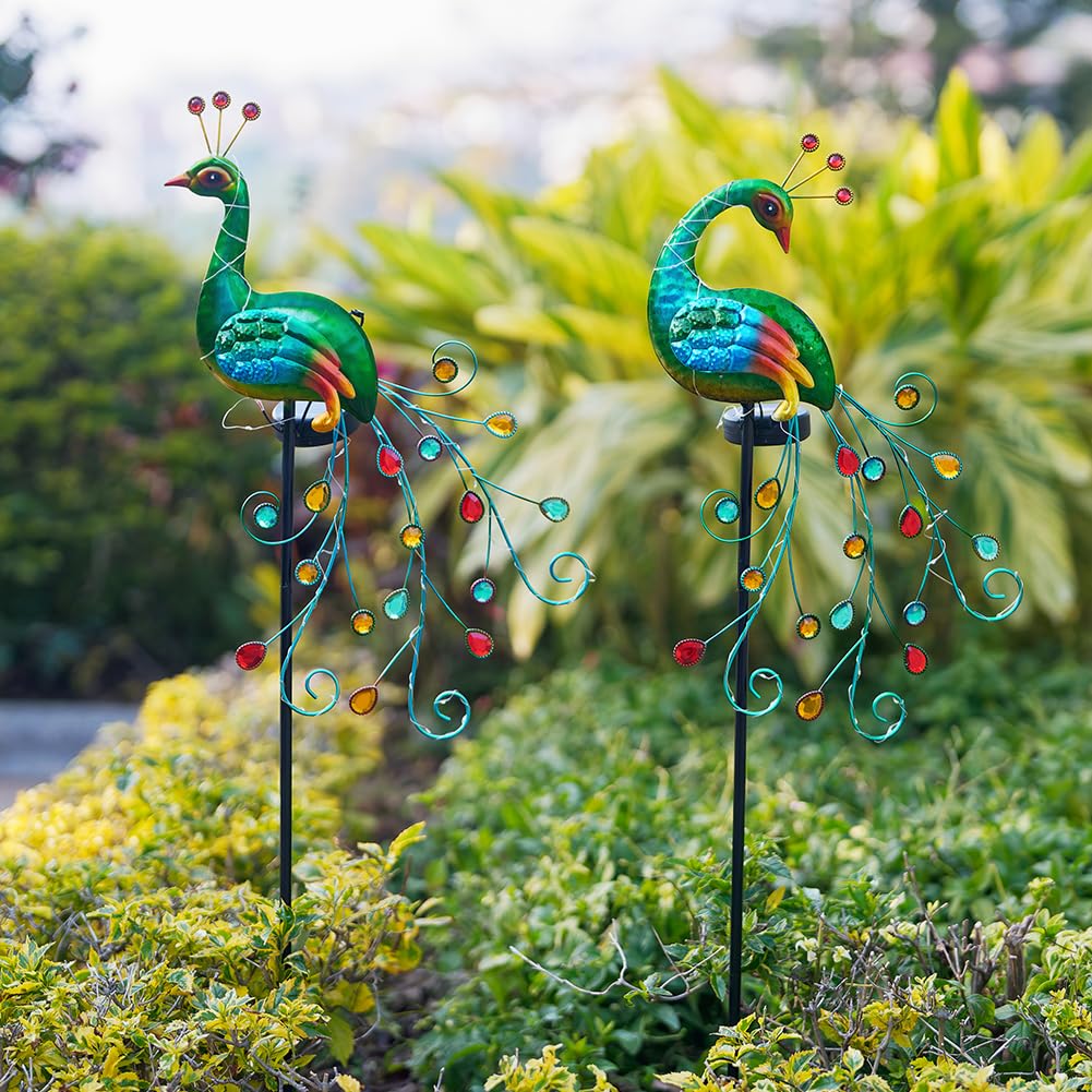 Vewogarden 2 Pack Solar Stake Lights Outdoor Waterproof Metal Peacock Solar Lights For Yard Garden Patio Pathway Walkway, Green