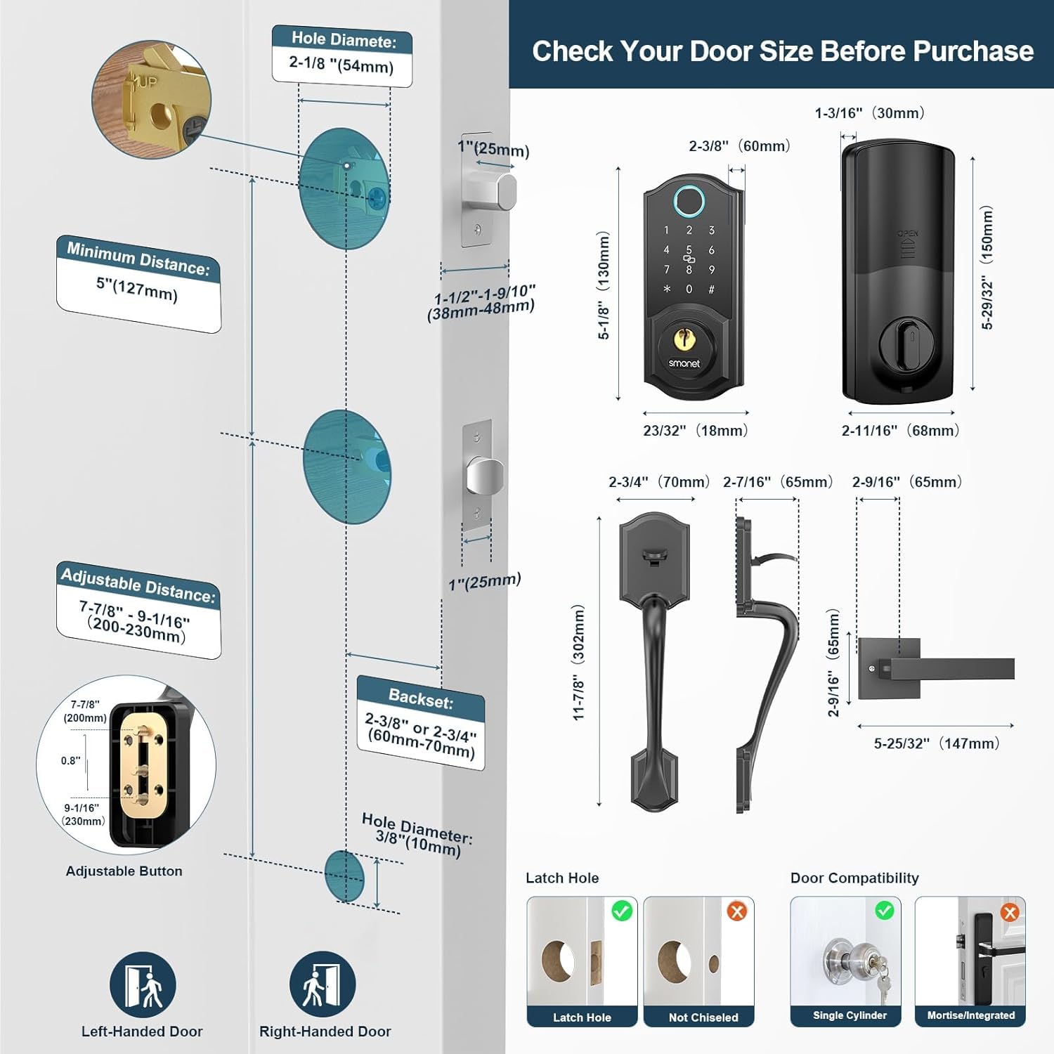 Smonet Smart Lock Front Door, Keyless Entry Door Lock With Handle, Smart Front Door Lock Set Fingerprint Smart Deadbolt Bluetooth Electronic Digital Keypad Lock, Auto Lock Work With Alexa, Black