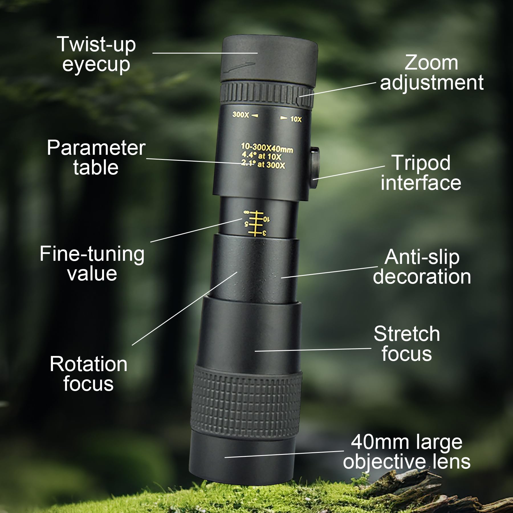 Glktrs    Monocular, 10-300X40 Monoculars For Adults High Powered With Bak4 & Fmc Lens, 40Mm Large Aperture Variable Magnification Monocular Telescope For Outdoor Observation And Travel