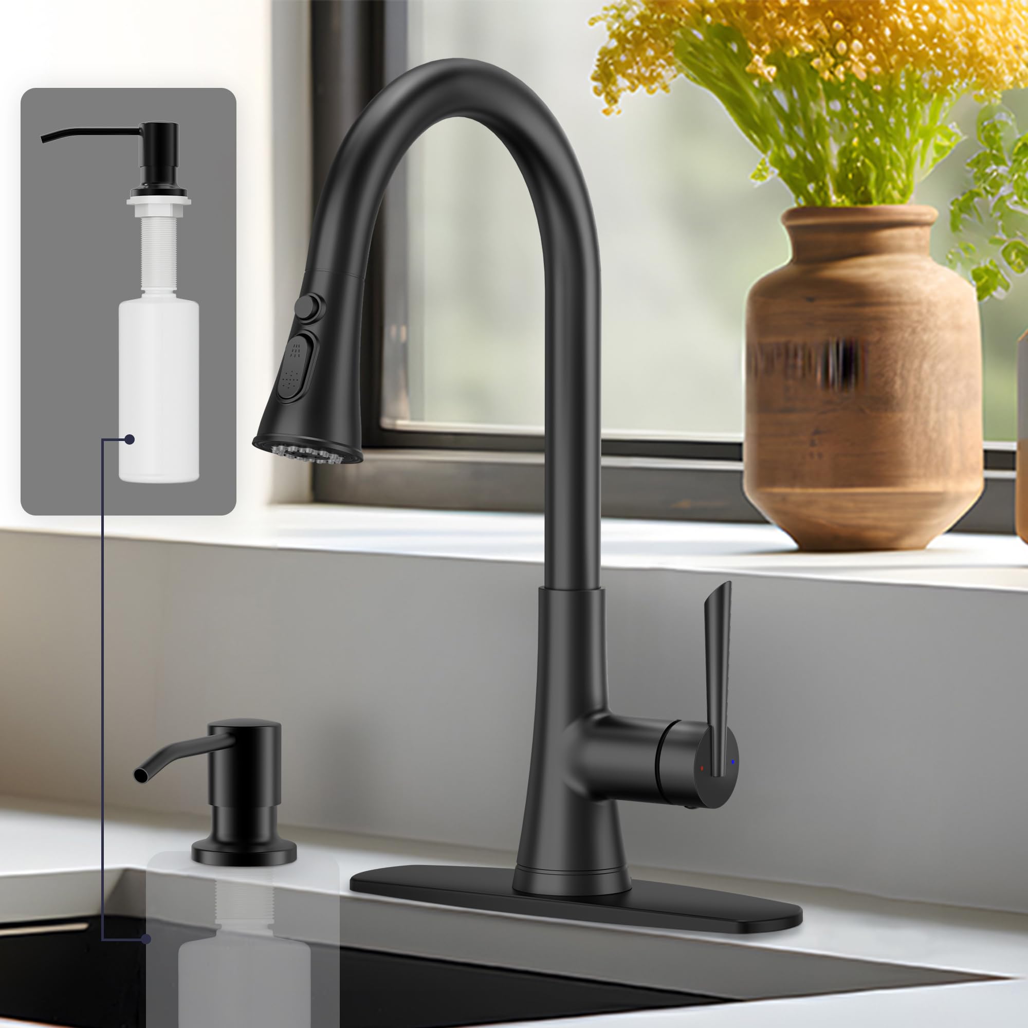 Arrisea Matte Black Kitchen Sink Faucet With Soap Dispensor, Stainless Steel Kitchen Faucets 3 With Modes Pull Down Sprayer Faucet For Bar Laundry Rv Utility Sink
