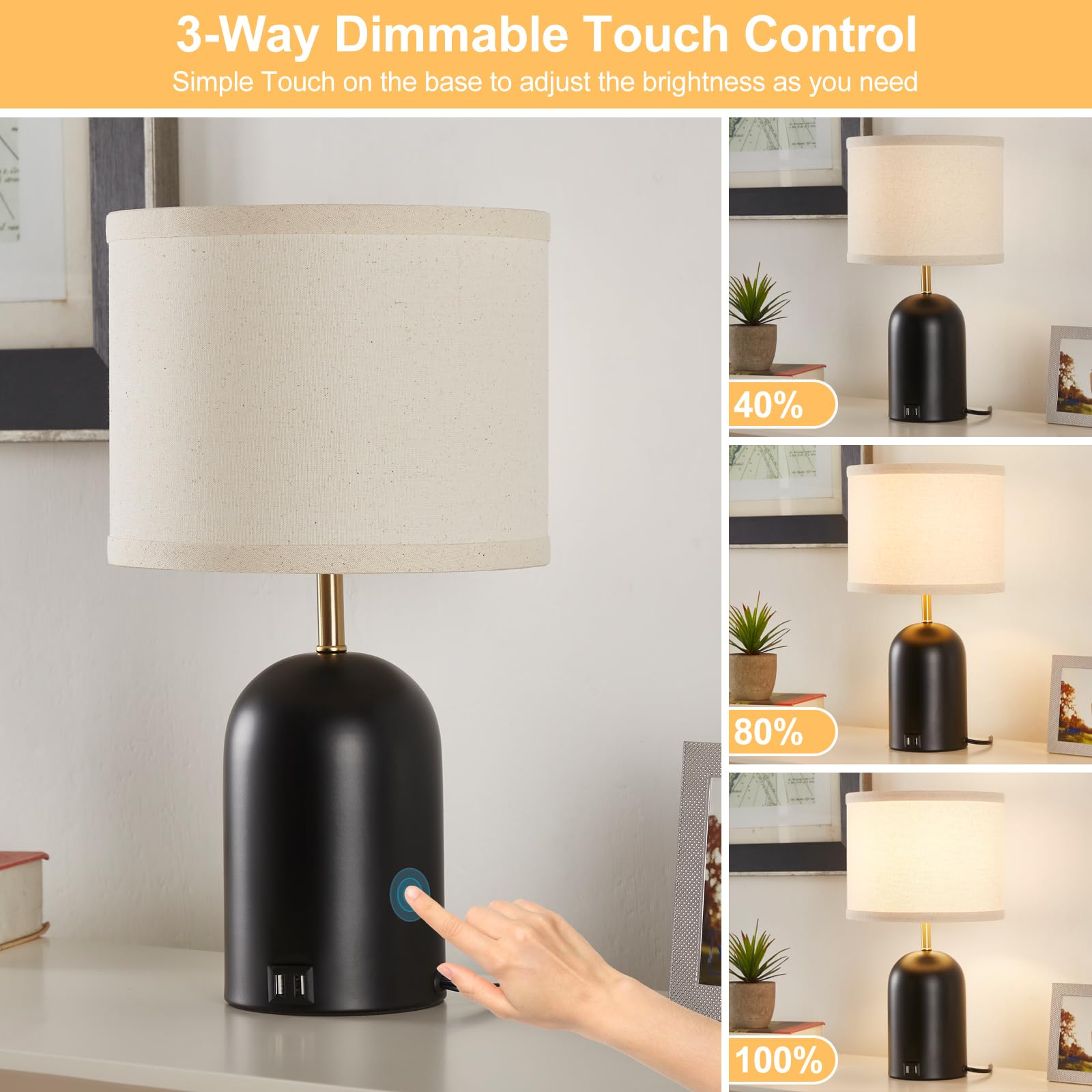 Gyrovu Touch Control Table Lamps Set Of 2, Modern Bedside Lamp With 2 Usb Ports, 3-Way Dimmable Gold And Black Nightstand Lamp With Fabric Shade For Living Room Bedroom Office Dorm(Led Bulbs Included)