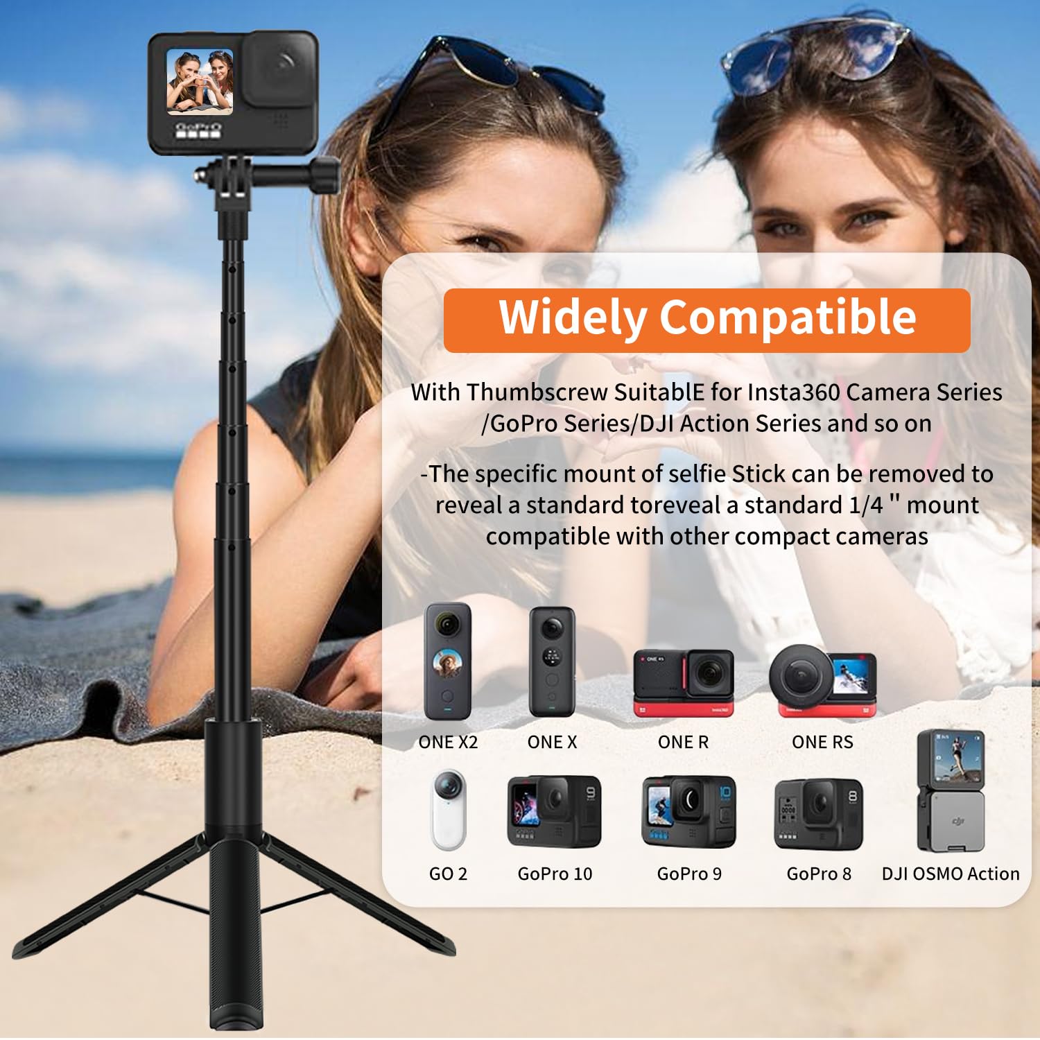 Konpcoiu 48" Invisible Extendable Camera Selfie Stick For Insta360, One X2 X2 X3 Rs Go3 Gopro Max Hero 12 11 10 9 8 7 6 5 And Other Action Cameras With 1/4" Screw Mini Portable Camera Tripod