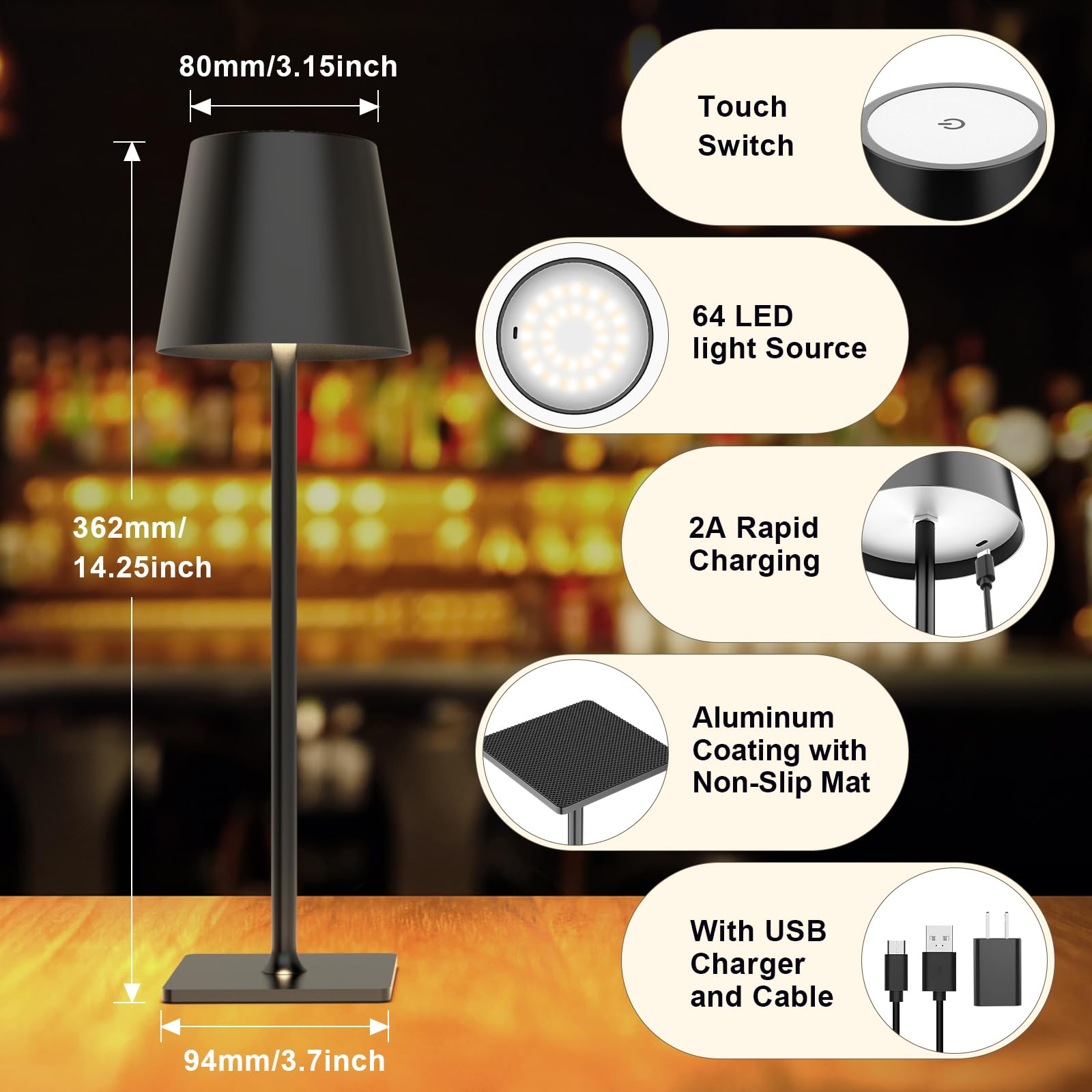 Mojimdo Cordless Table Lamp, Dimmable 64 Leds Desk Light [1700K/4500K/6000K With Stepless] 5000Mah Rechargeable Table Lamps For Living Room Bedroom Nightstand Beside Table Restaurant Party Cafe Bar