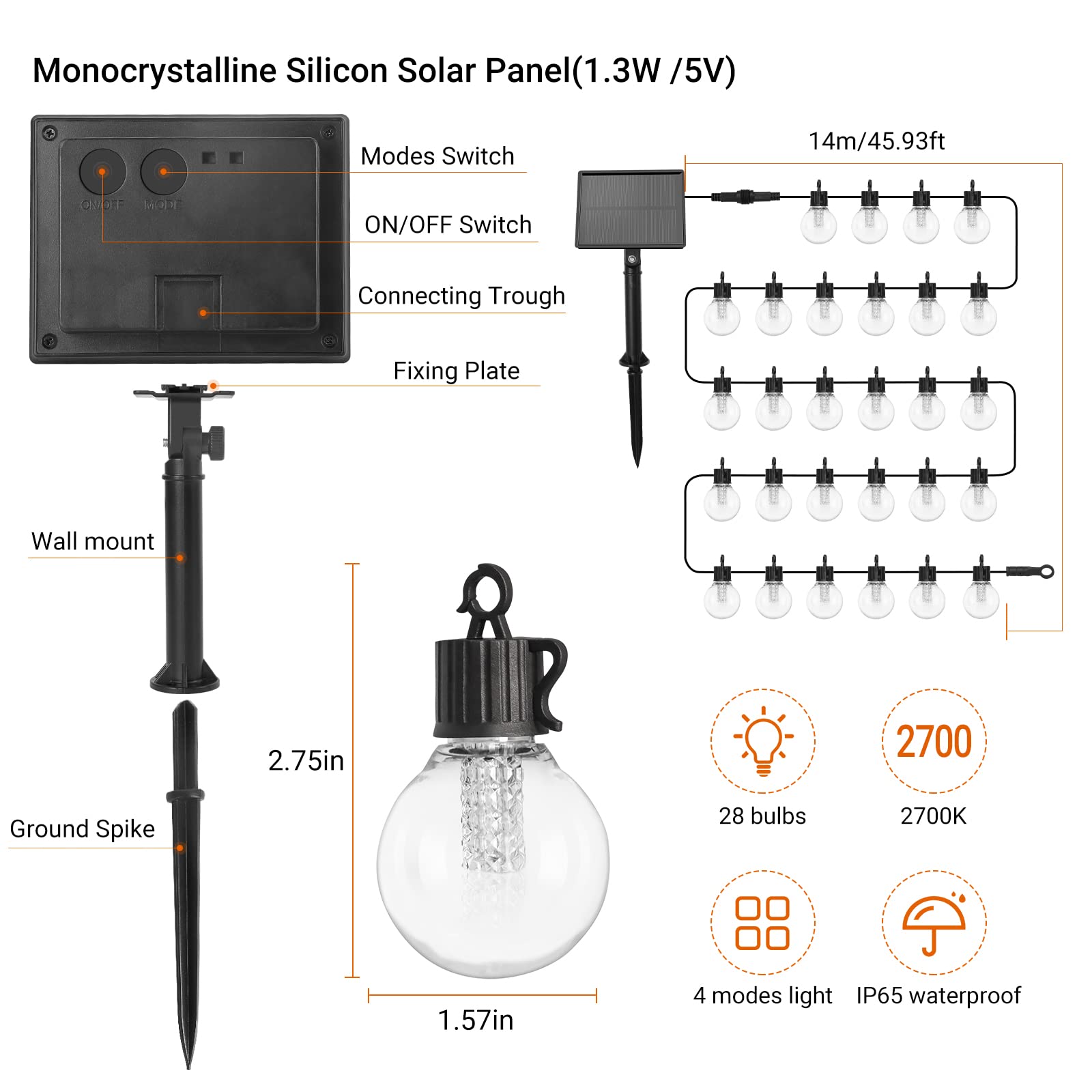 Partphoner Solar String Lights 46Ft Indoor/Outdoor Waterproof Patio Led Lights With 28 Shatterproof Bulbs, 4 Light Modes Hanging Lights Solar Powered For Deck Yard Tents Market Cafe Porch Party Decor
