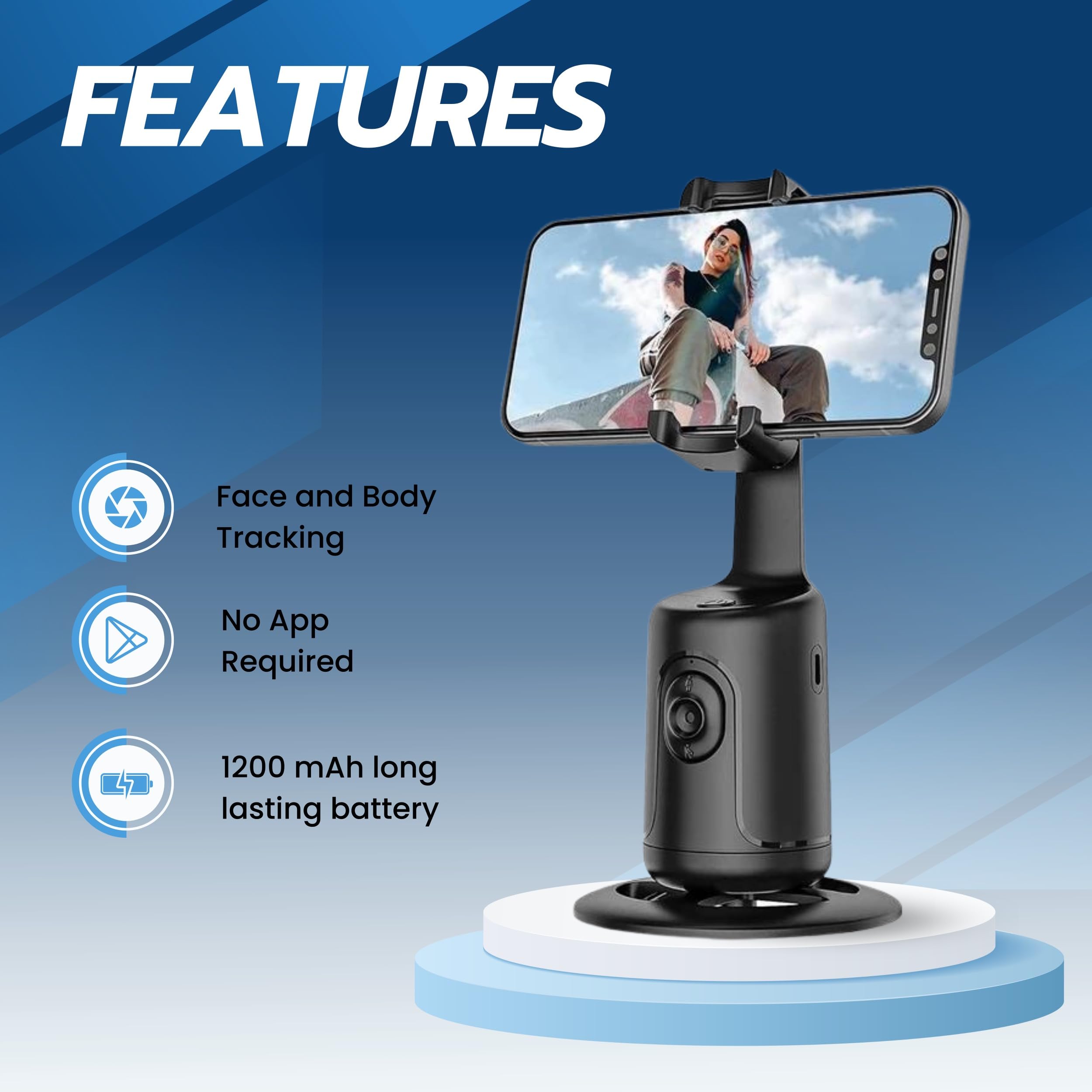 J&D Collection J&D Collection- Intelligent Phone Tripod With Automatic Face Tracking - 360° Rotation, Face & Body Ai Tracking, Universal Compatibility For Ios & Android, Usb Port, Sleek Black Design (Black)