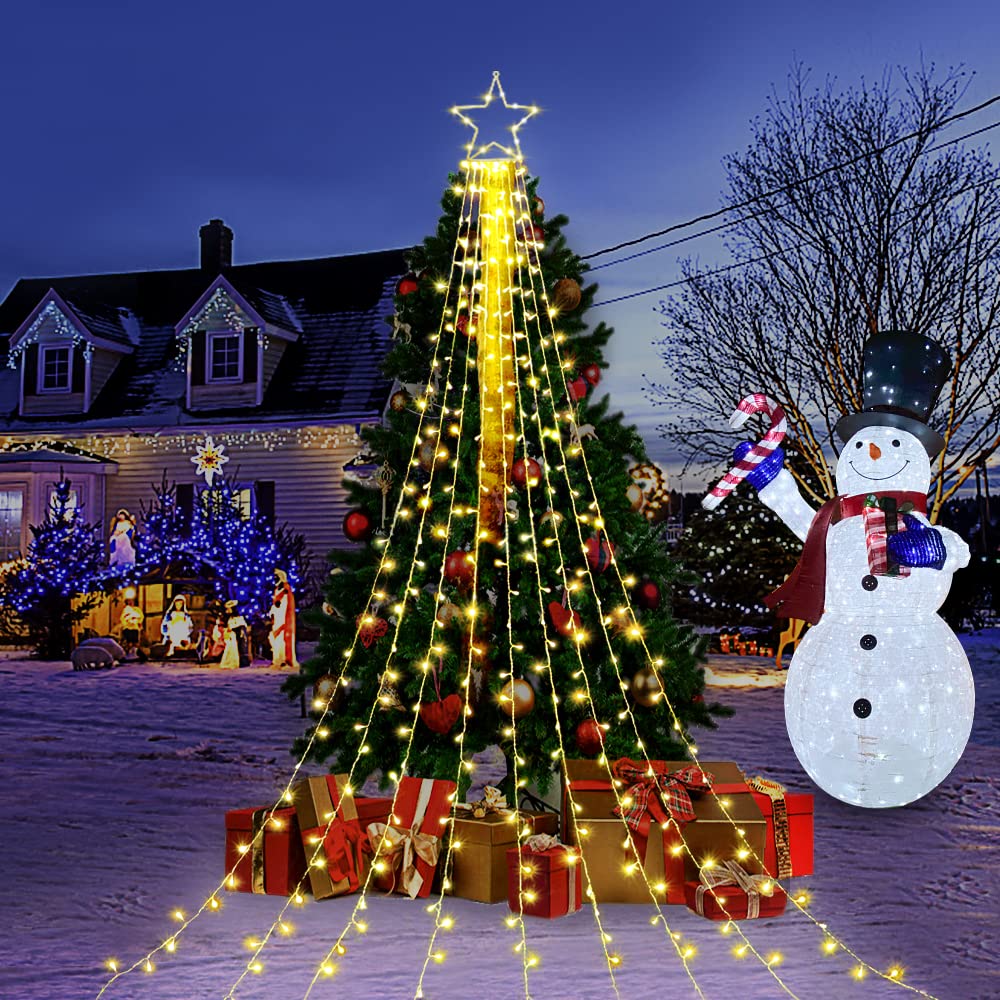 Funiao Christmas Decoration Lights, 320 Led Waterfall Christmas Tree Lights With 12" Star Topper, 8 Modes Indoor Outdoor String Lights For Yard, Party, Home, Holiday (Warm White)