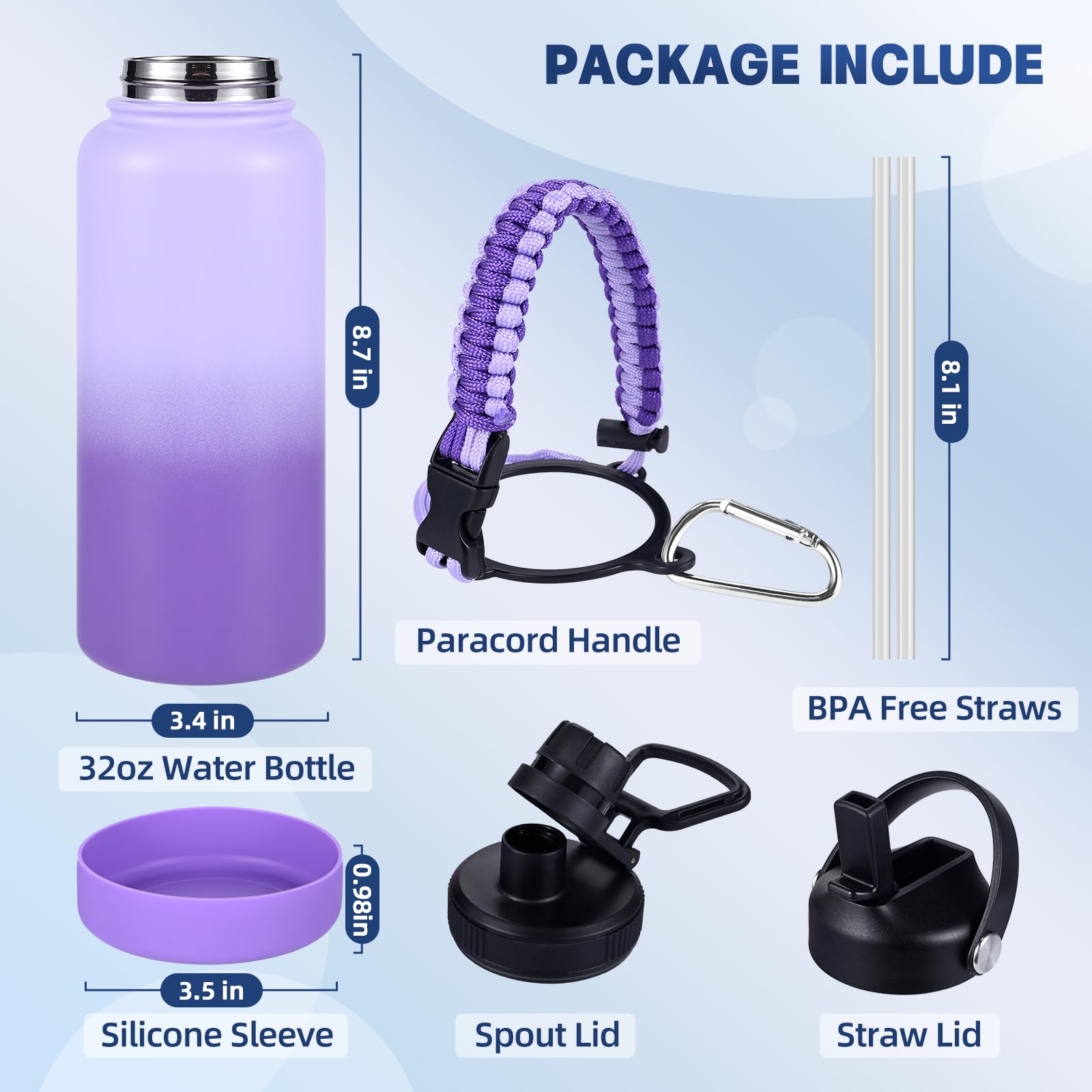 Insulated Water Bottle, 32 Oz Stainless Steel Wide Mouth Water Bottles With 2 Leak Proof Lid