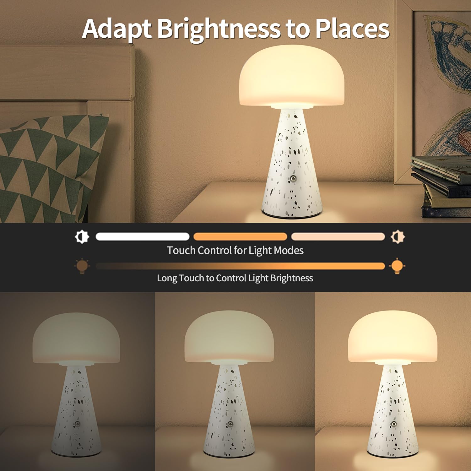 Levigo Cute Mushroom Table Lamp With Touch Switch, Natural Style Portable Cordless Led Dimmable Soft Light Lamp (Black)