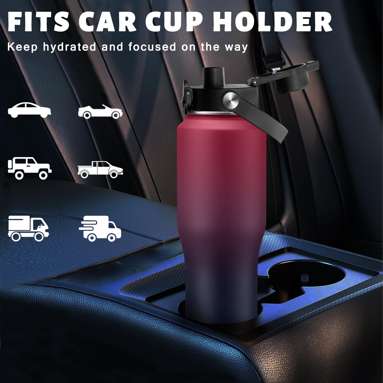 32 Oz Water Bottle Stainless Steel Tumbler - W/Paracord Handle, Straw Lid & Spout Lid & Sling Bag