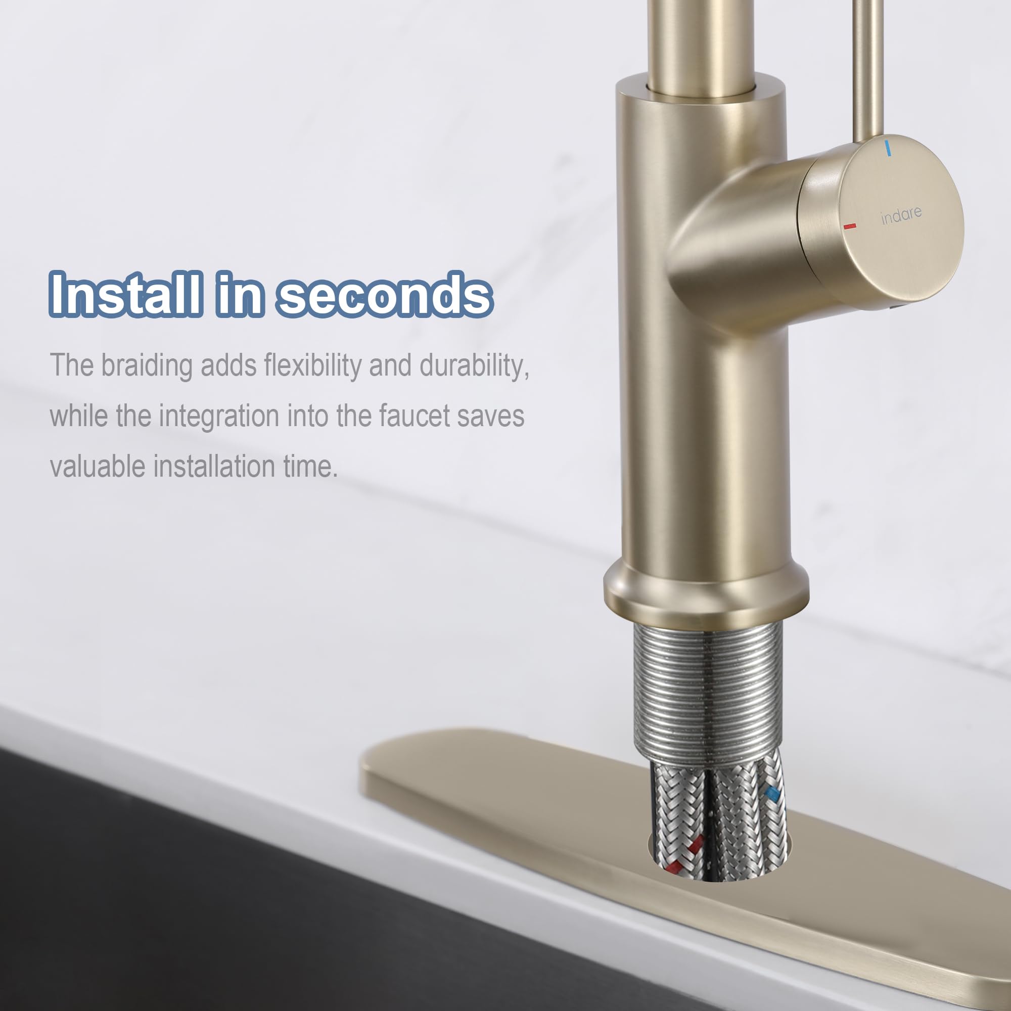 Indare Kitchen Faucet With Pull Down Sprayer Brushed Gold, High Arc Single Handle Kitchen Sink Faucet With Deck Plate, Stainless Steel Faucet For Kitchen Sink For Farmhouse Laundry Rv