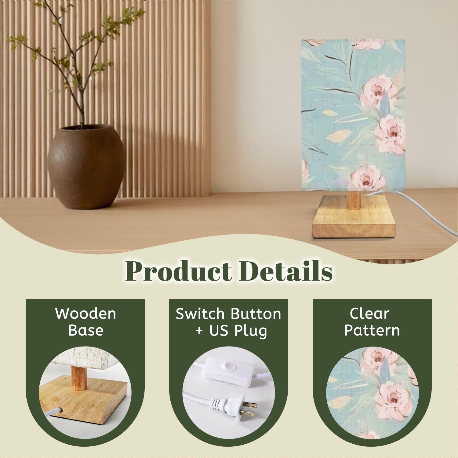 Lasenlanp Bedside Table Lamp Feminine Floral Seamless Pattern Fashionable For Dimmable Minimalist Nightstand Lamp Square Wood Base Flaxen Fabric Shade Desk Lamps For Bedroom Living Room