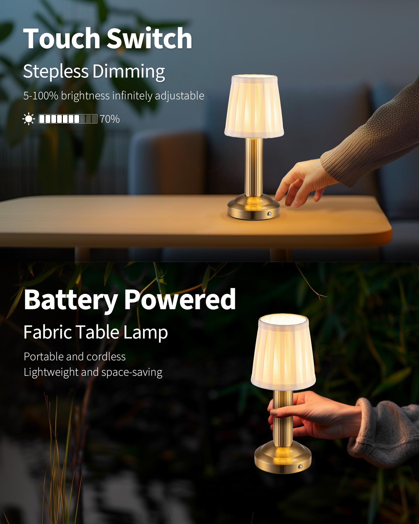 Newsee Mini Cordless Table Lamp 2 Pack - 11.4" Stepless Dimmable Touch Lamp With Fabric Shade, Small Led Lamps, 4000Mah Rechargeable Battery Operated Lamps For Dinning Room, Bedroom, Bar (Gold)