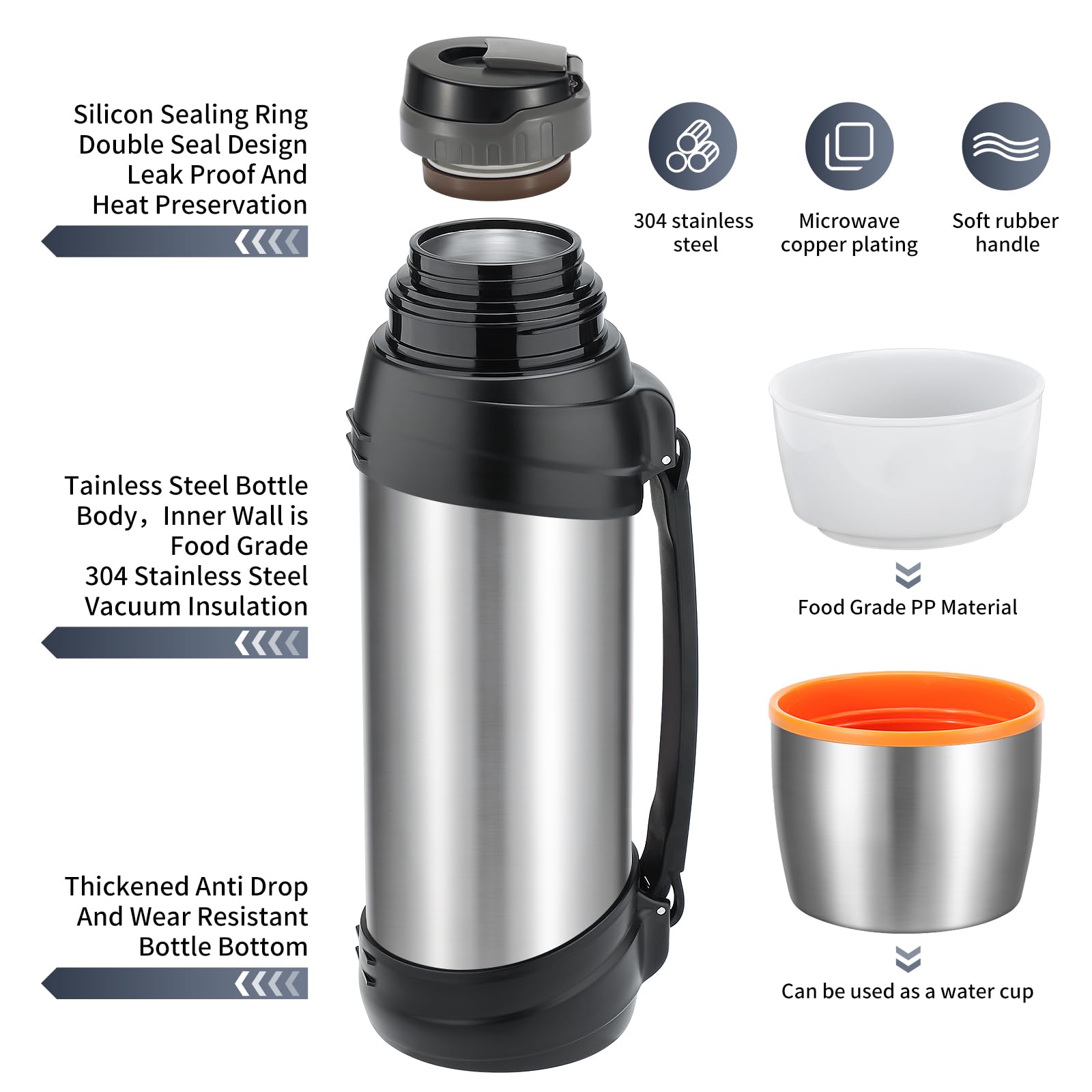 Large Thermosflask- 85Oz Stainless Steel Insulated Bottle For Travel With Cup - 2.5L