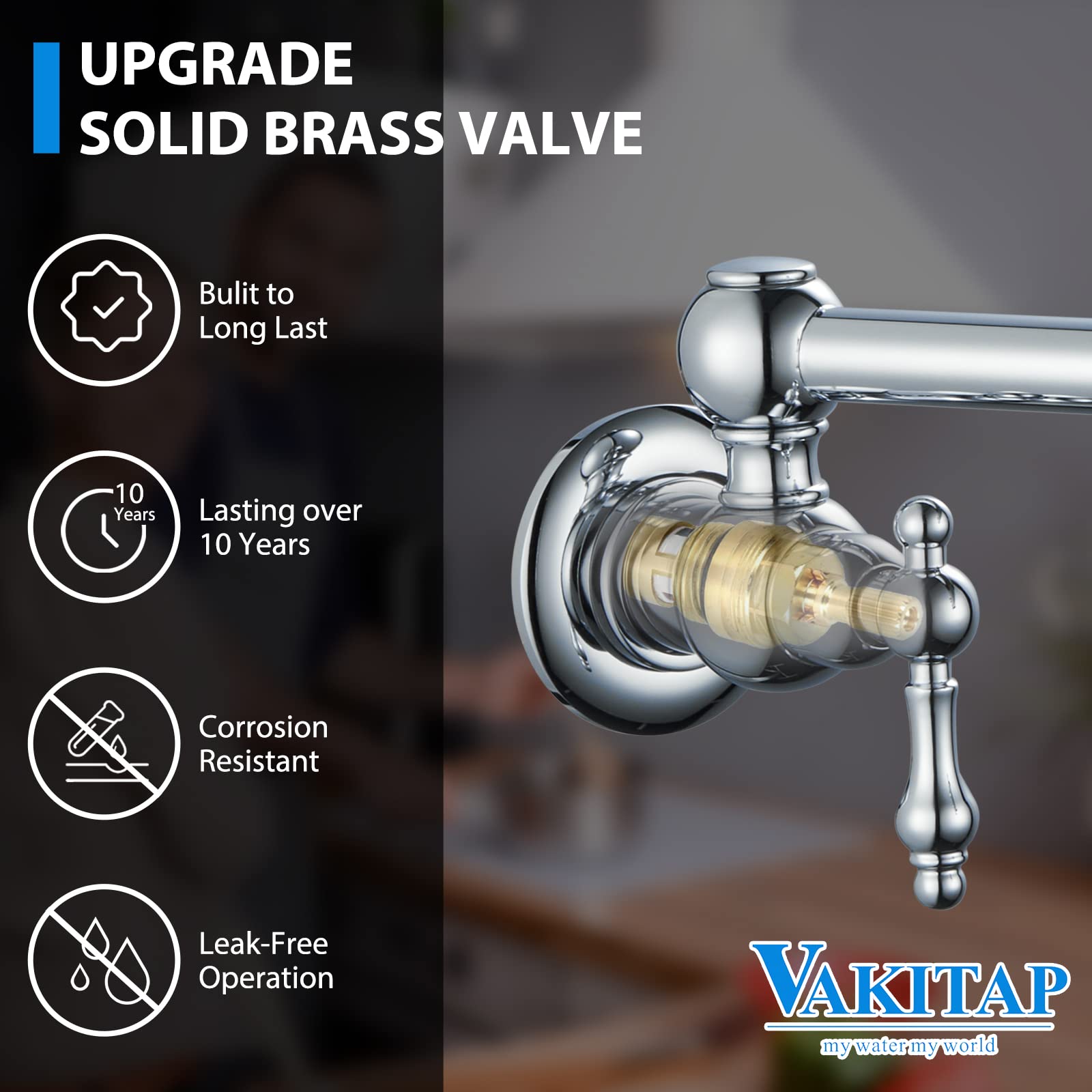 Vakitap Brass Pot Filler Faucet, Wall-Mount Pot Filler With Double Joint Swing Arm, Modern Chrome Over Stove, 3005-Ch