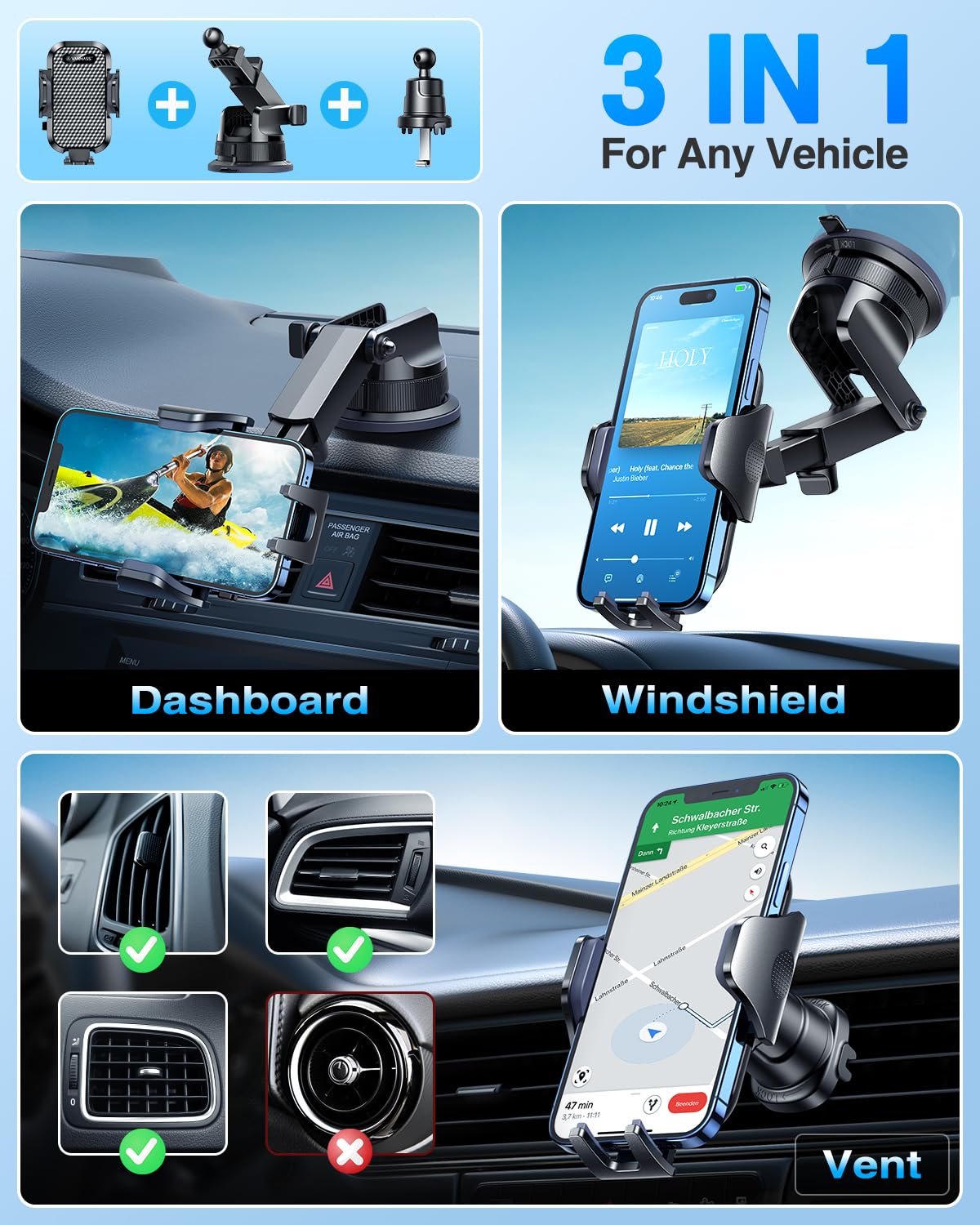 Vanmass [ True Military-Grade] Car Phone Holder [ Strongest Suction & Clip] Cell Phone Mount For Dashboard Windshield Vent,Truck Cradle Stand For Iphone 16 Pro Max 15 14 13 Samsung Android