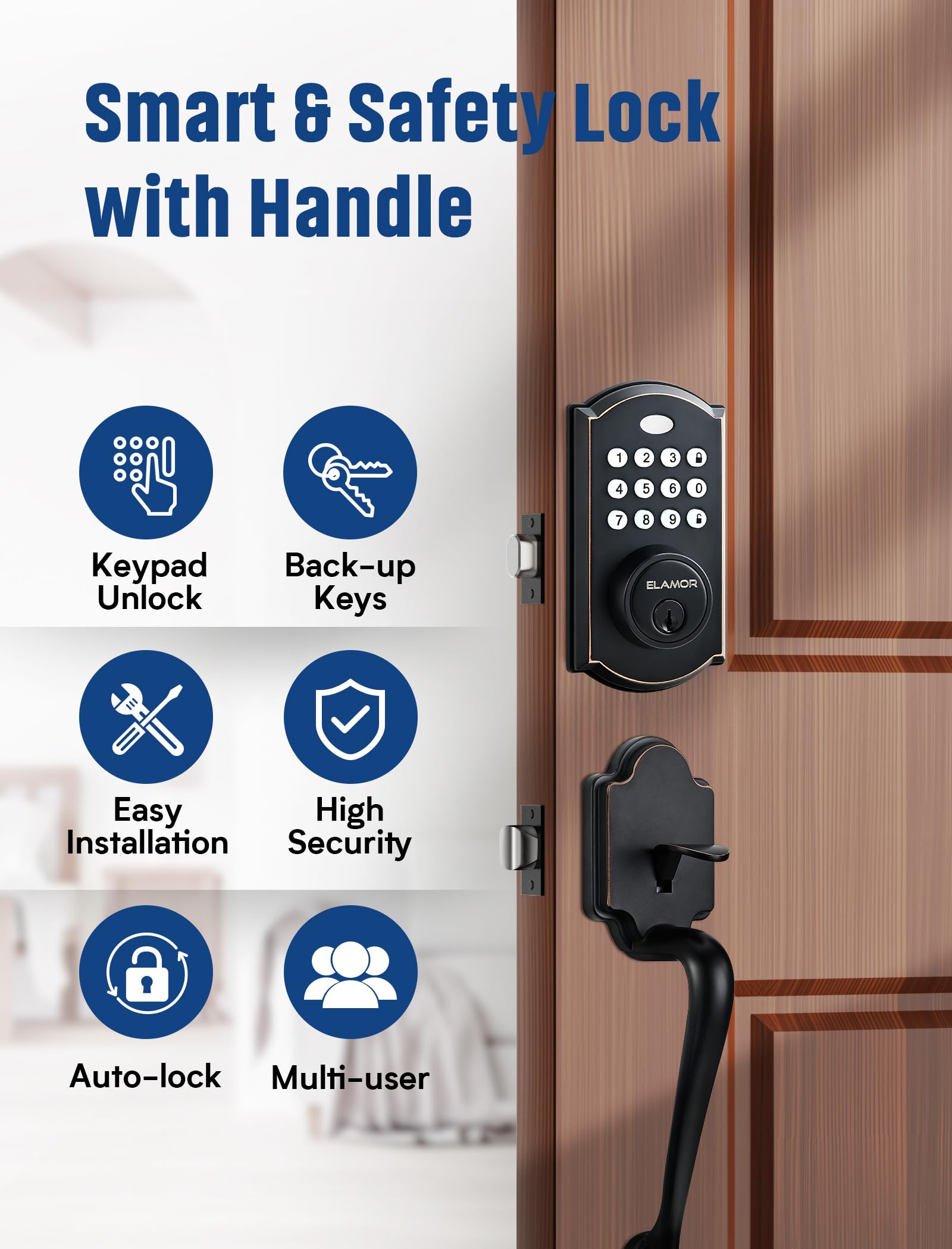 Elamor M19 Front Door Lock Set, Keyless Entry Deadbolt With Handle, Auto Lock, 50 User Codes, 2 Keys, Electronic Keypad, Waterproof Security Handle Set, Easy-To-Install, Oil Rubbed Bronze