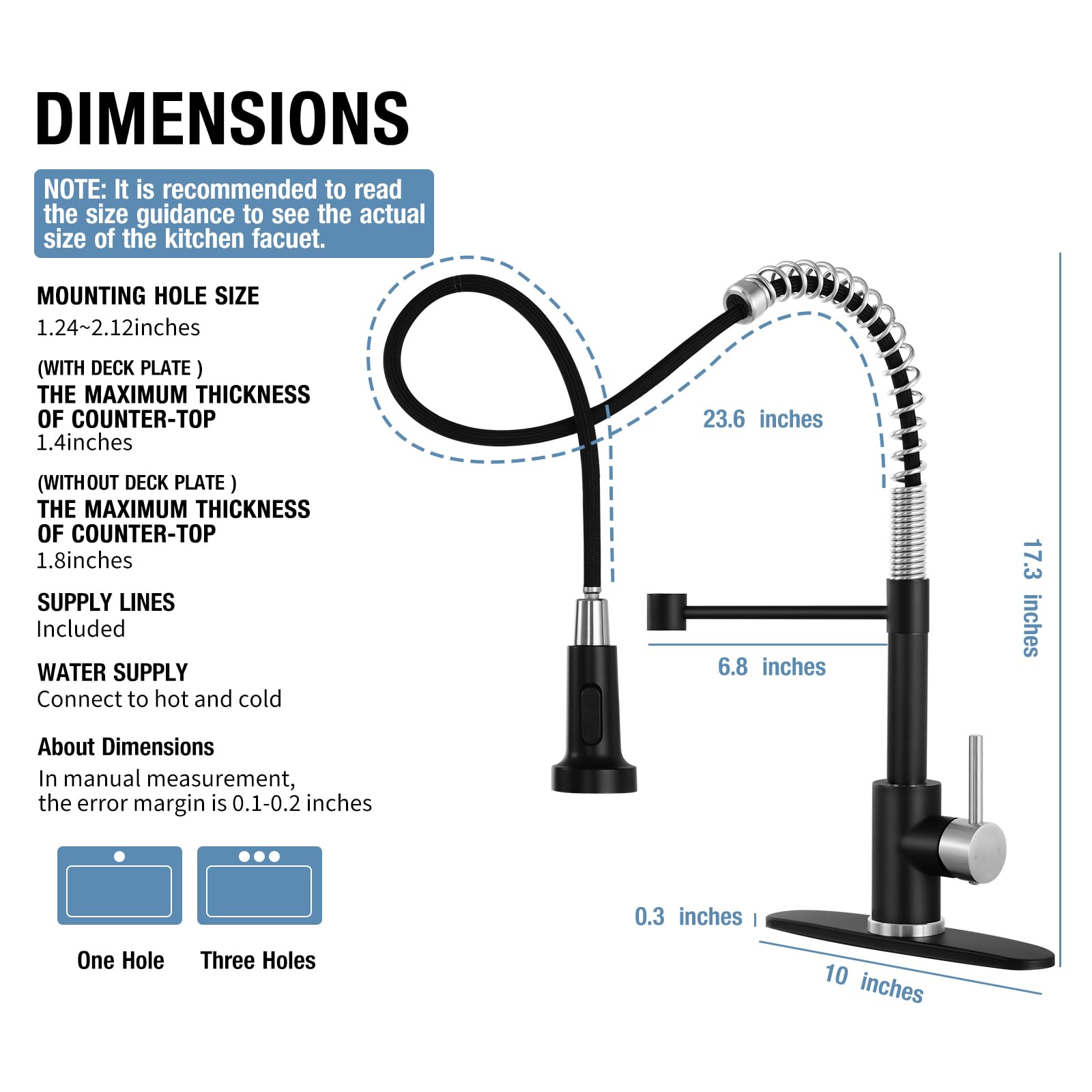 Djs Kitchen Faucets With Pull Down Sprayer Matte Black & Brushed Nickel - Single Handle 1 Or 3 Holes Spring Kitchen Sink Faucet With Deck Plate For Farmhouse Rv Vessel Basin