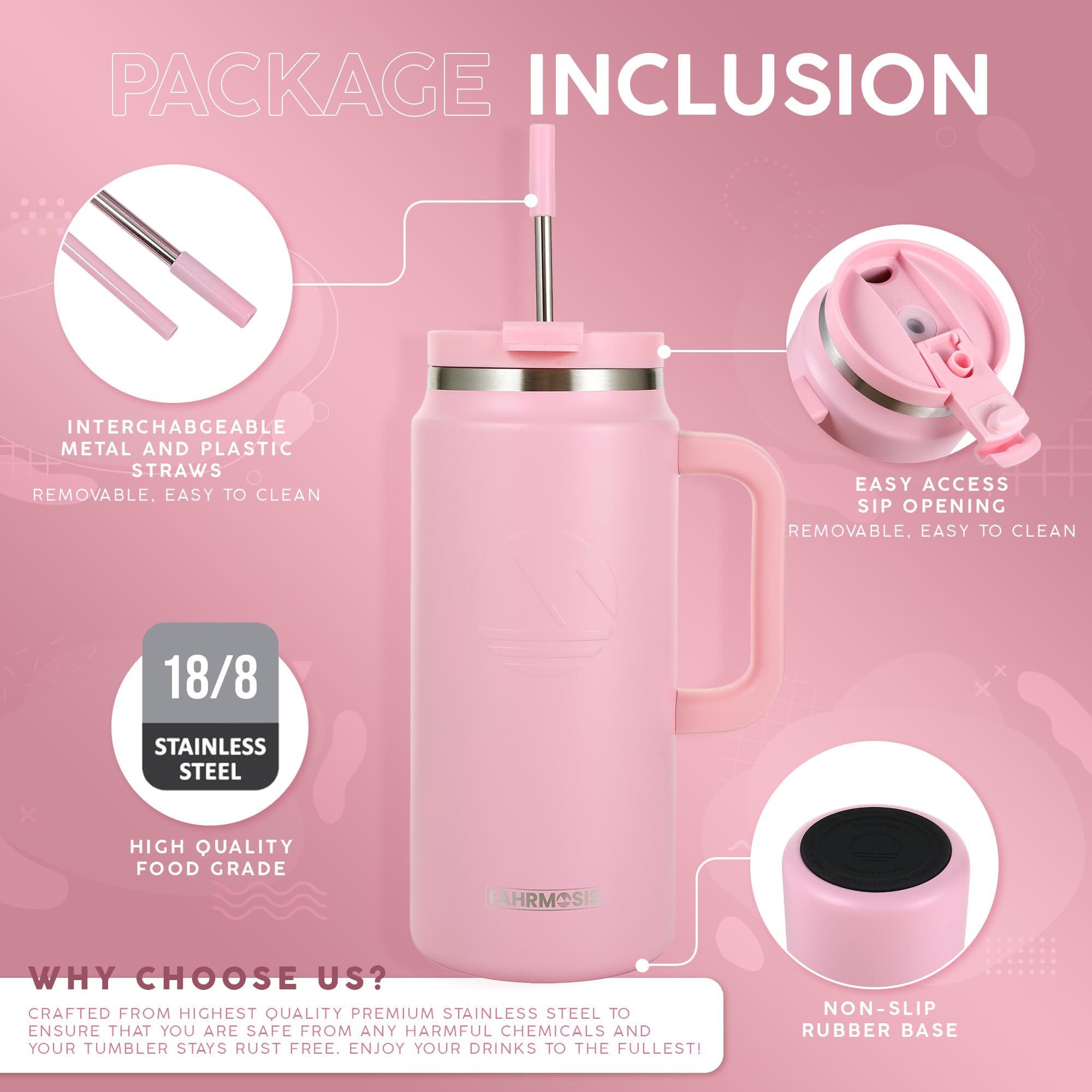 64 Oz Tumbler With Handle And Straw Half Gallon Water Bottle Stainless Steel Travel Mug